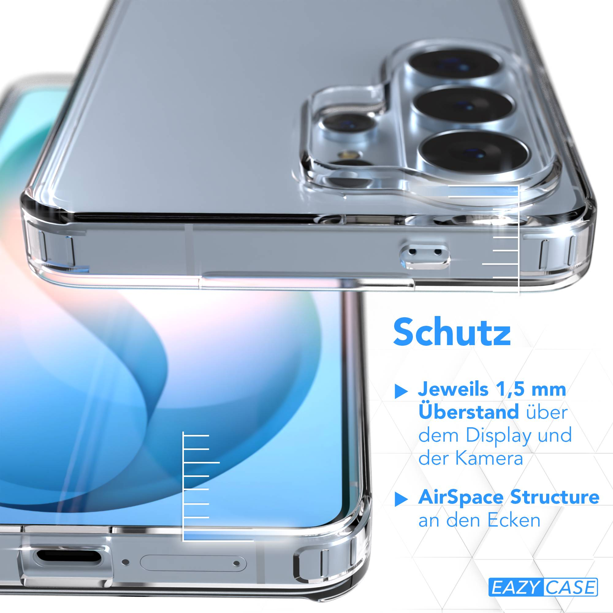 Transparente Handyhülle mit "Schutz"-Logo und Details zu Überstand.