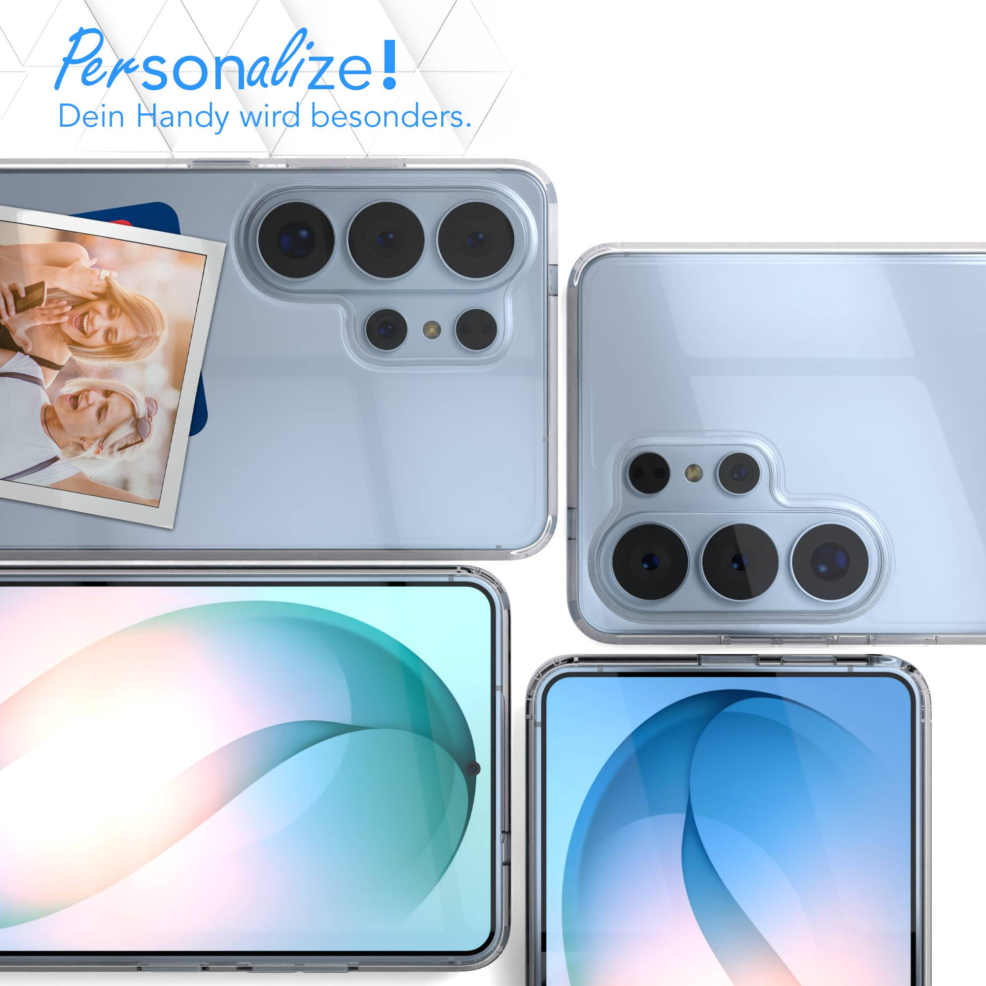 Vier Smartphone-Rückseiten mit transparenten Hüllen, eine mit Foto. Kameras sind sichtbar.
