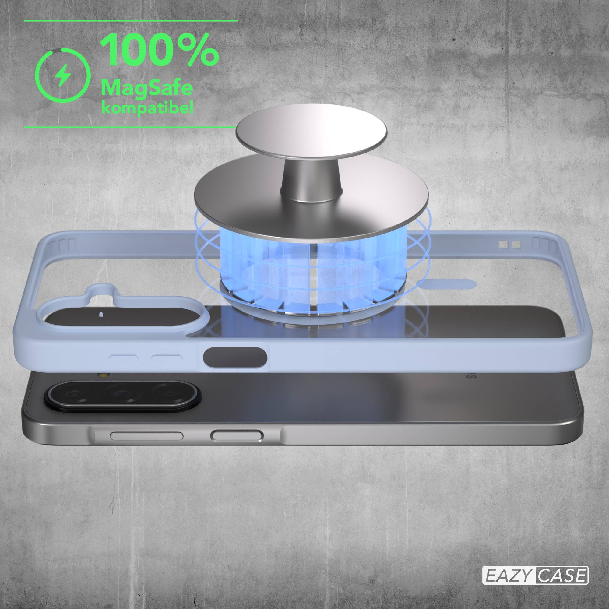 Ein Handy mit blauem Gehäuse und MagSafe-Ladegerät. 100% MagSafe kompatibel.