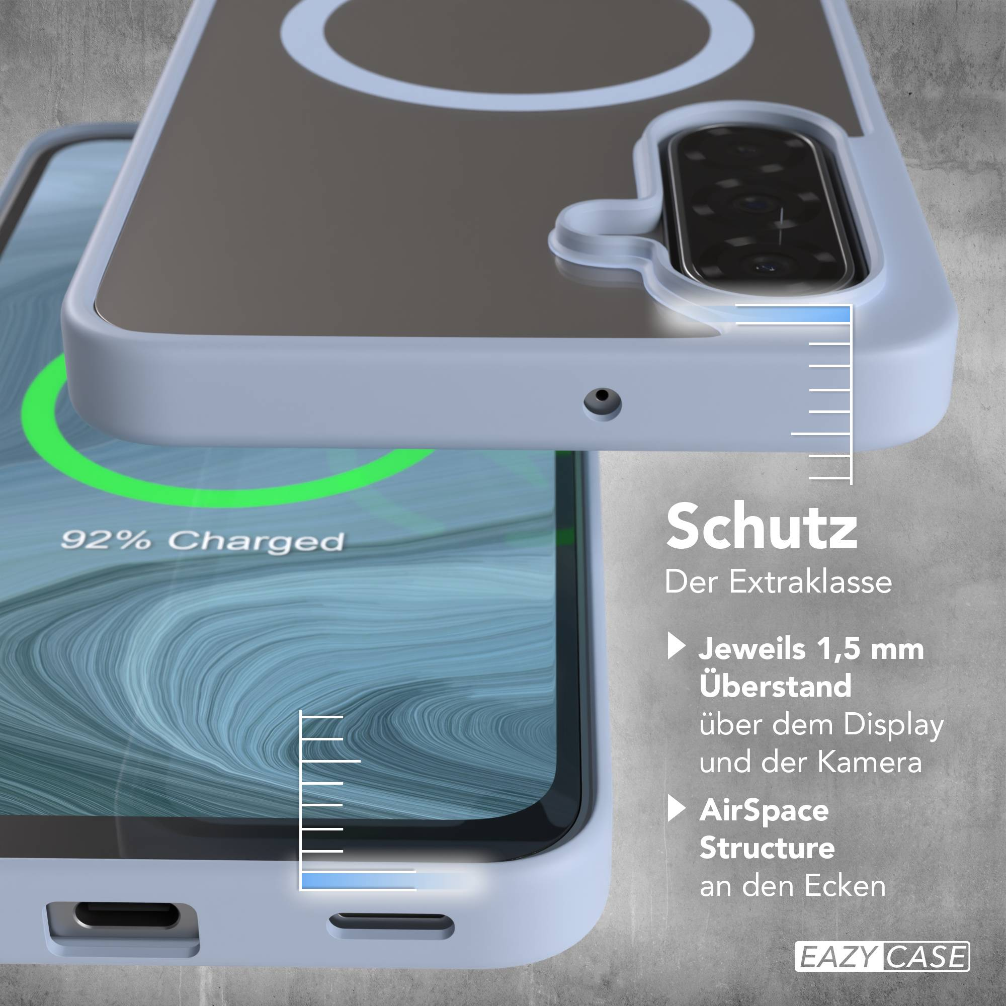 Ein grauer Handyhülle mit einem geladenen Smartphone. Schutzdetails.
