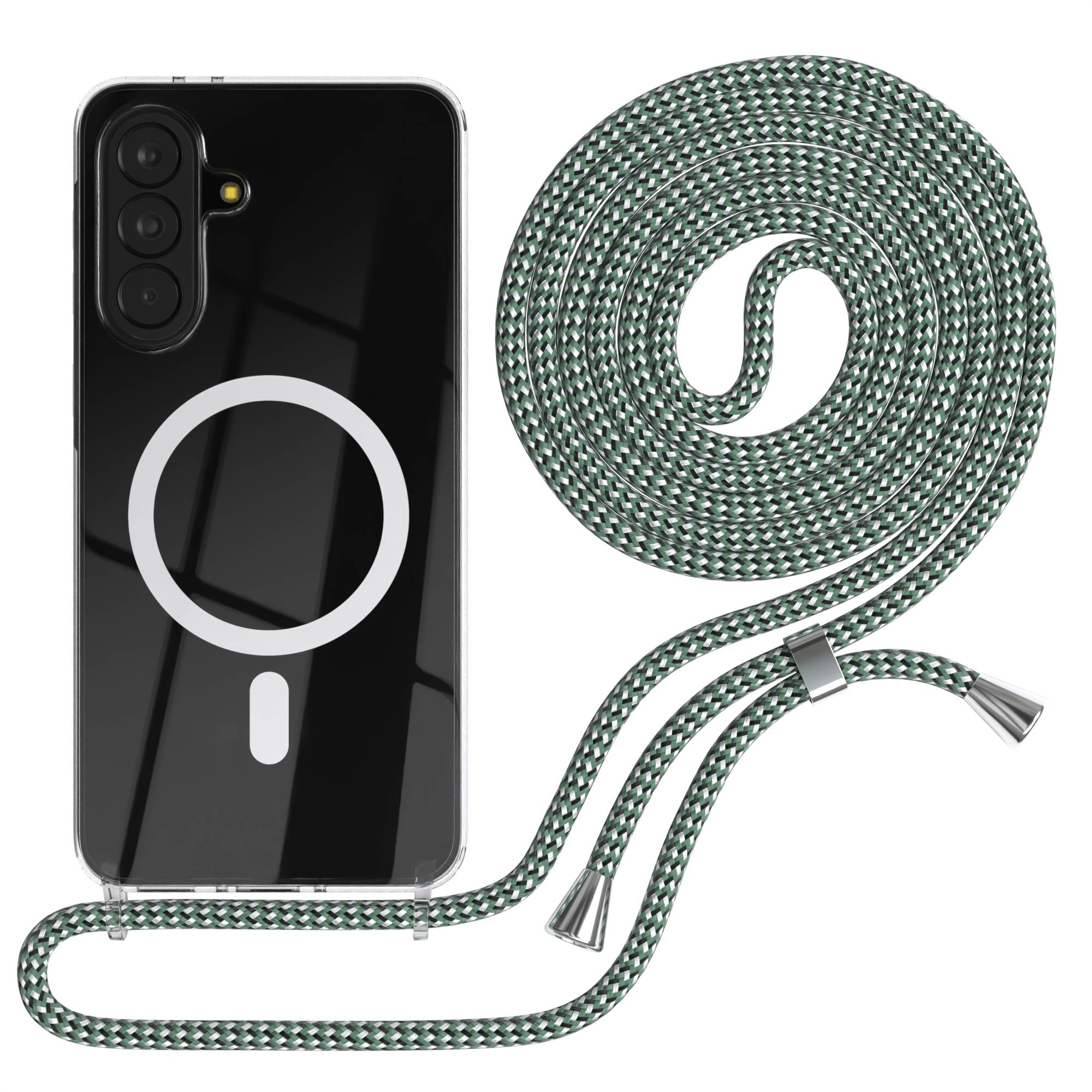 Transparente Hülle mit Musterband, MagSafe-Ring und drei Kameras.