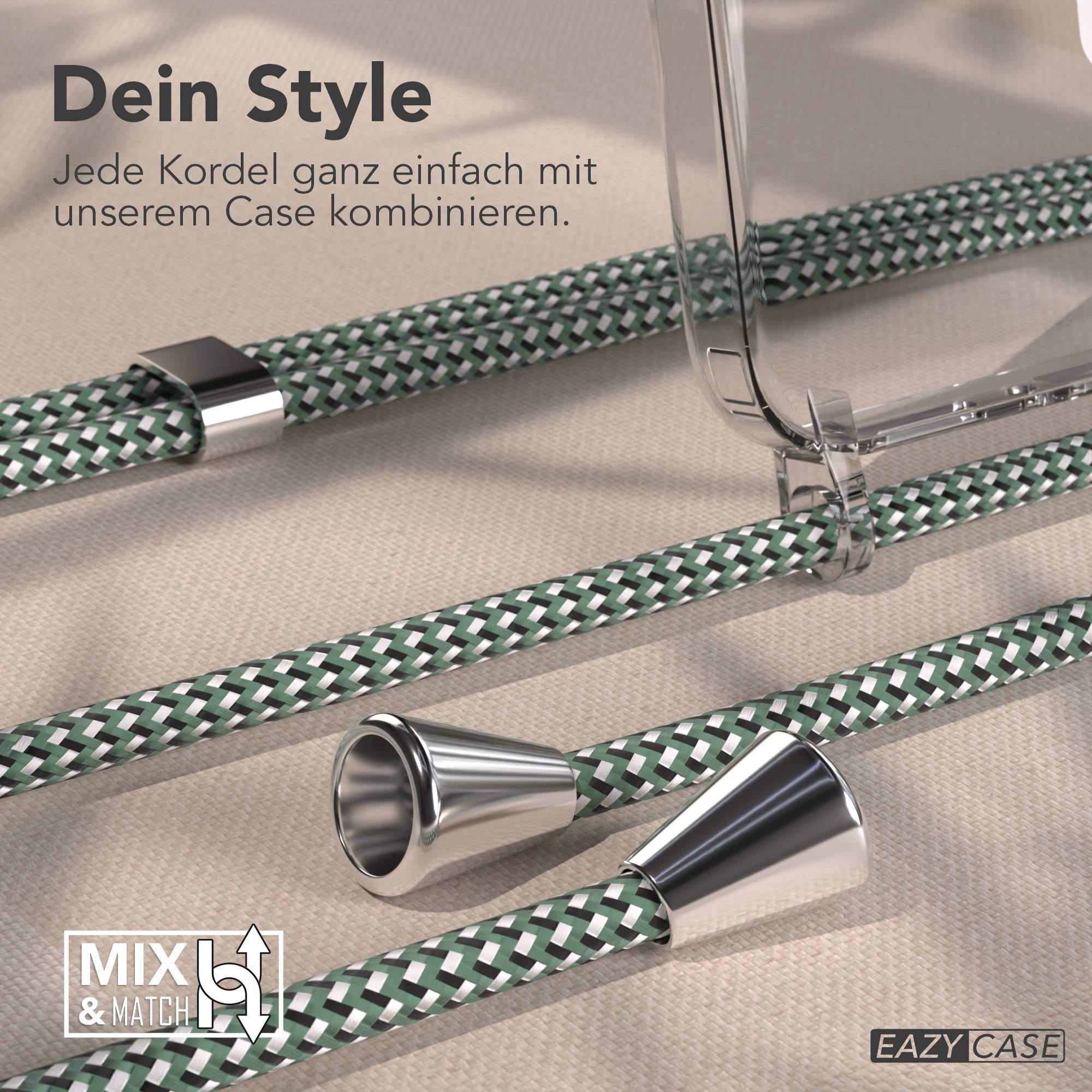 Grüne und weiße Kordeln mit silbernen Endstücken und einem transparenten Case.
