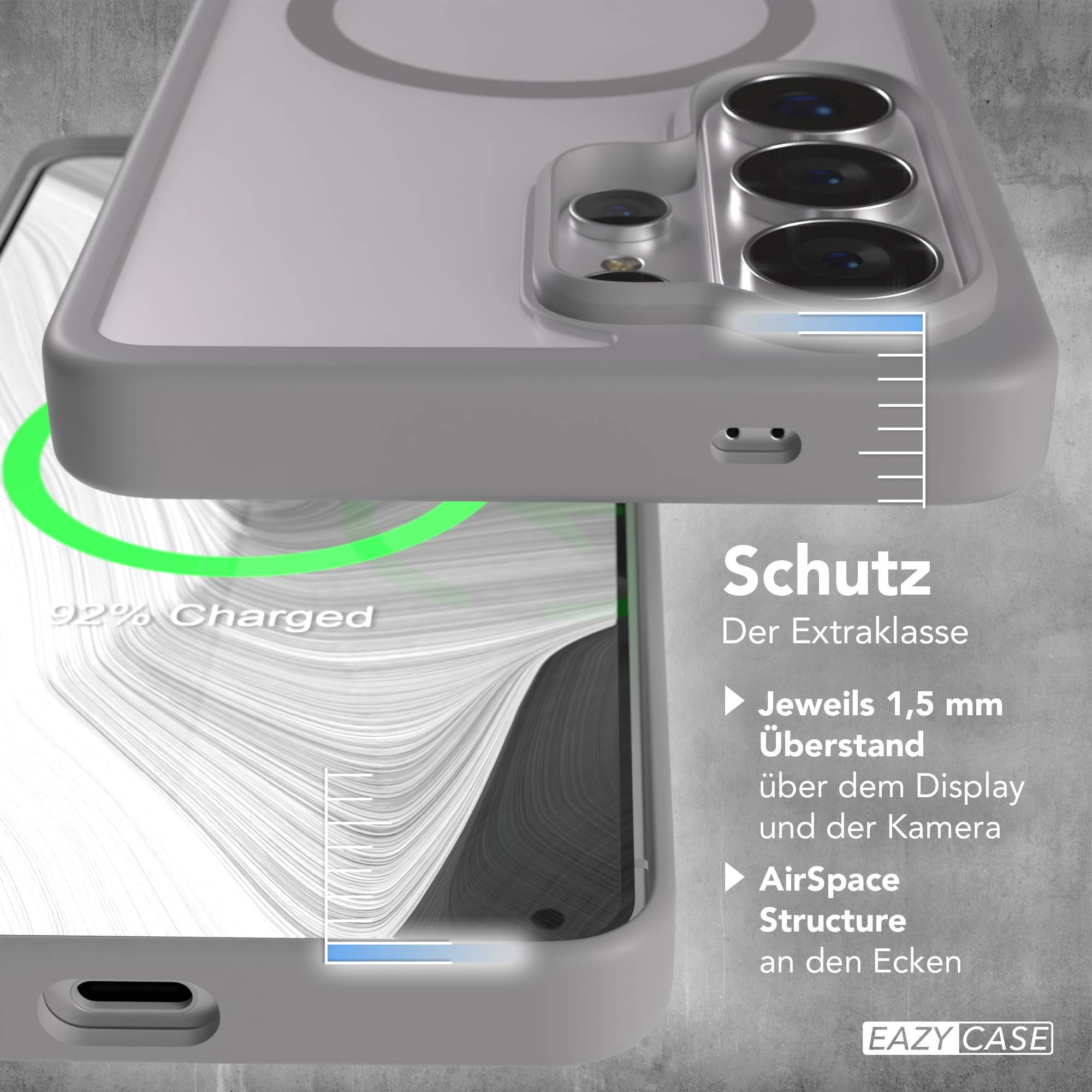 Graue Handyhülle mit 1,5mm Überstand, 92% geladen.