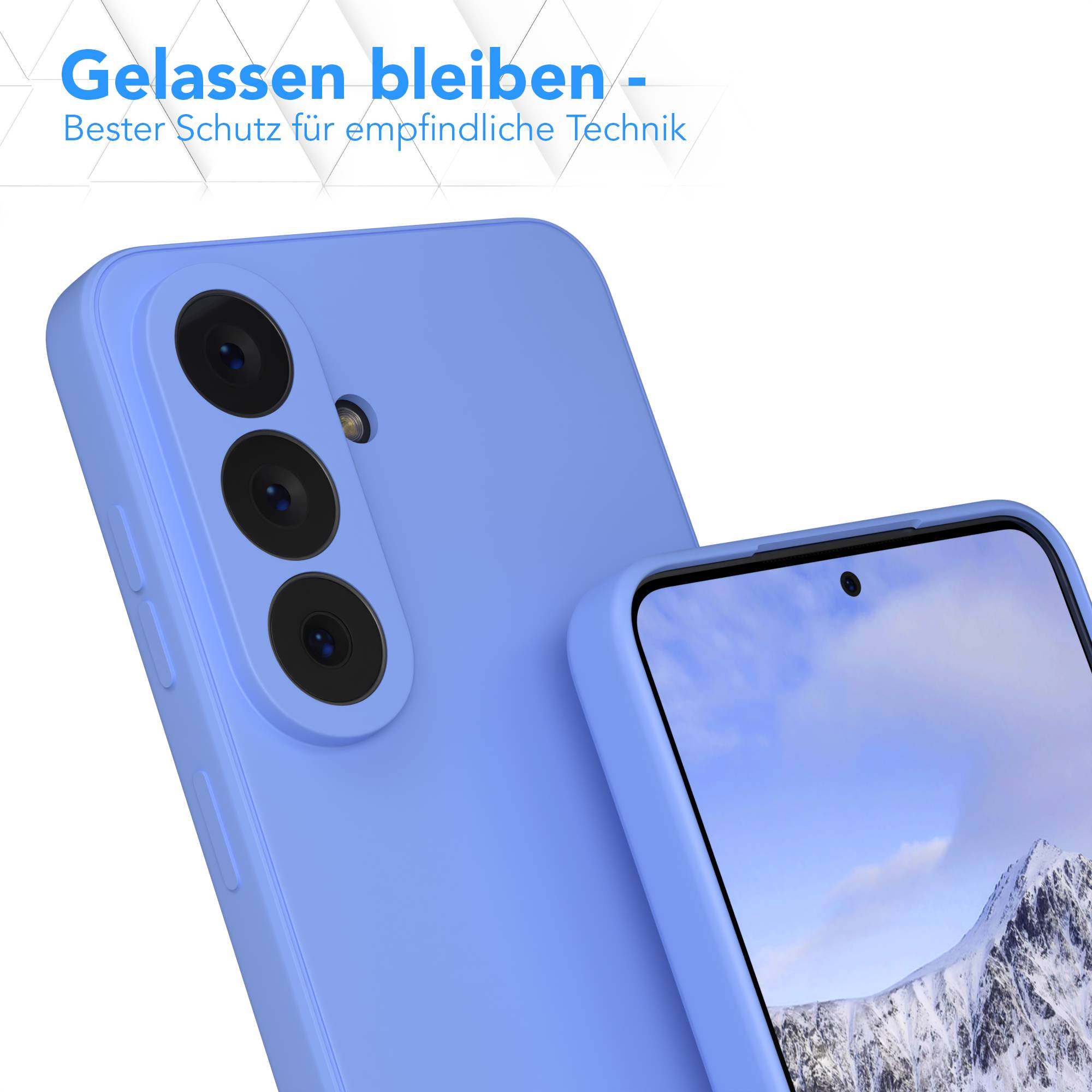 Ein lila Handy mit drei Kameralinsen im Nahaufnahme-Stil.