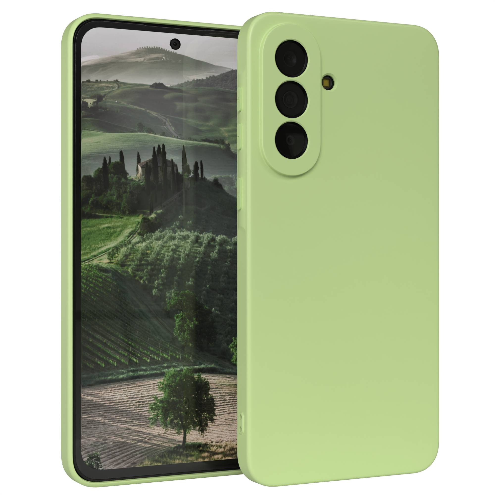 Ein hellgrünes Handy mit Kameralinsen und einem Landschaftsbildschirm.