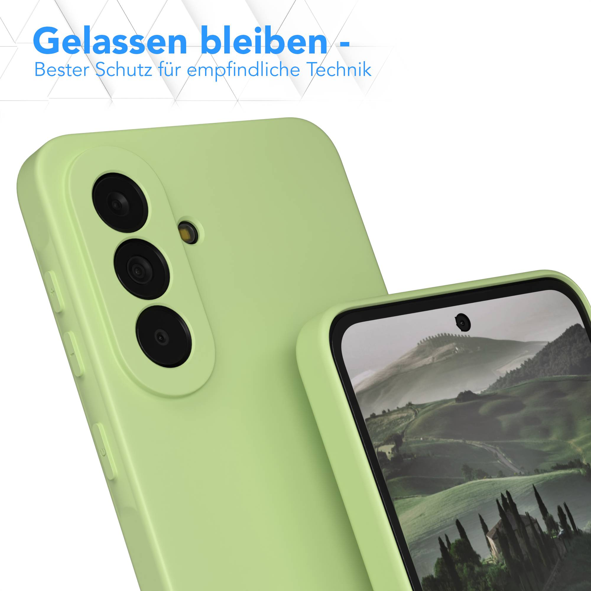 Grüne Handyhülle mit drei Kameralinsen und einem Bildschirm, der eine Landschaft zeigt.