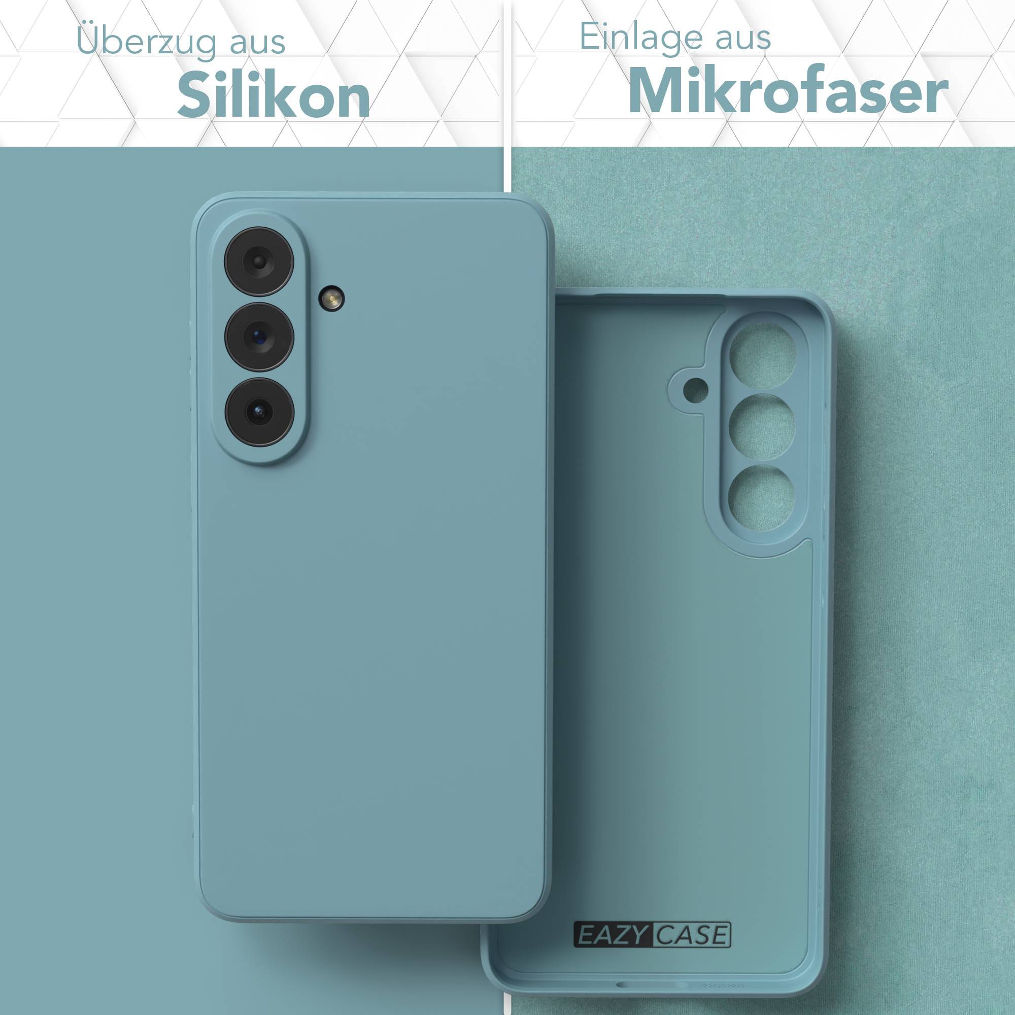 Zwei blaue Handyhüllen nebeneinander, eine aus Silikon, die andere aus Mikrofaser.