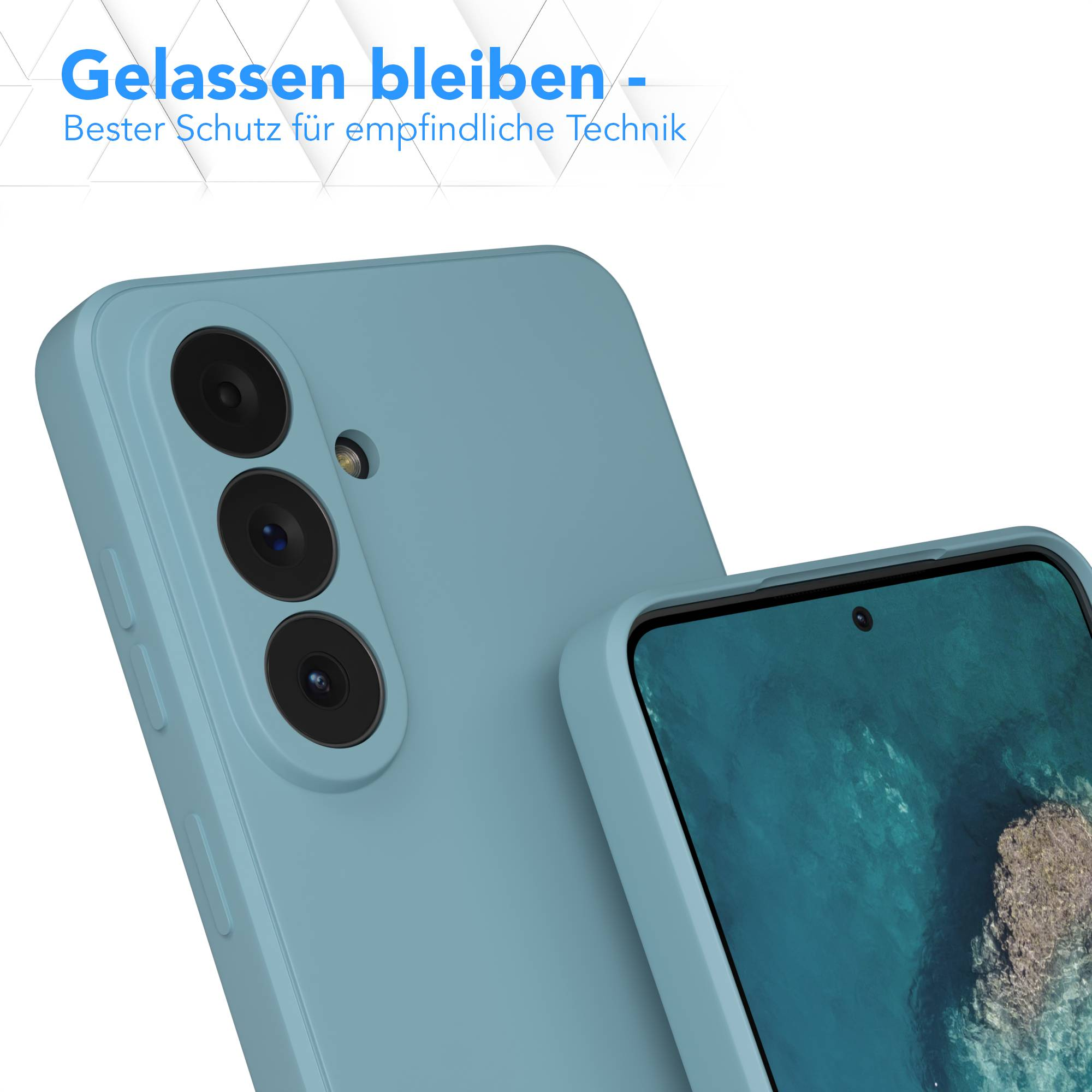 Eine hellblaue Handyhülle mit Dreifachkamera und einem Handybildschirm.