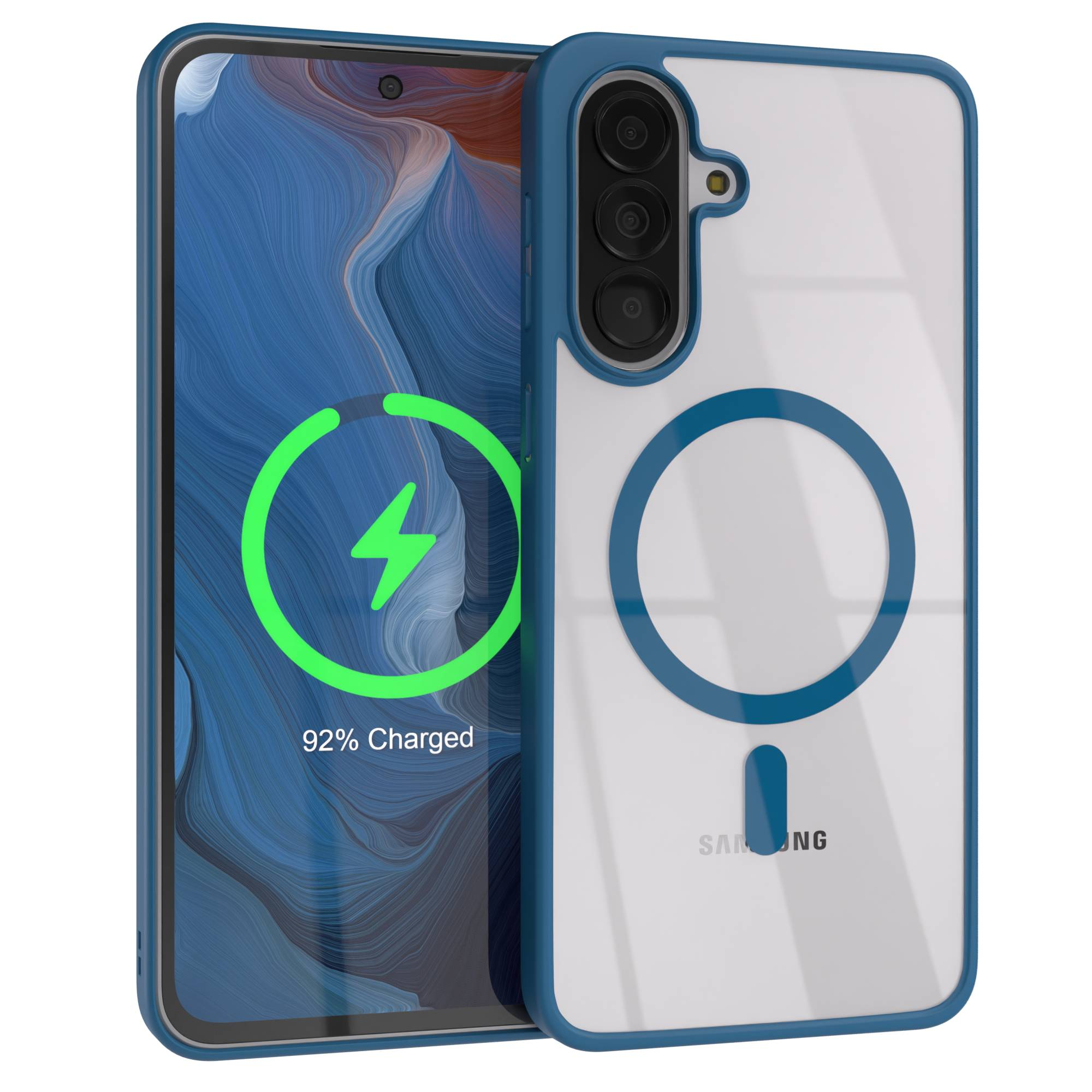 Ein Smartphone mit blauem Rand, das zu 92 % geladen ist, und eine Hülle mit Kamera und Kreis.