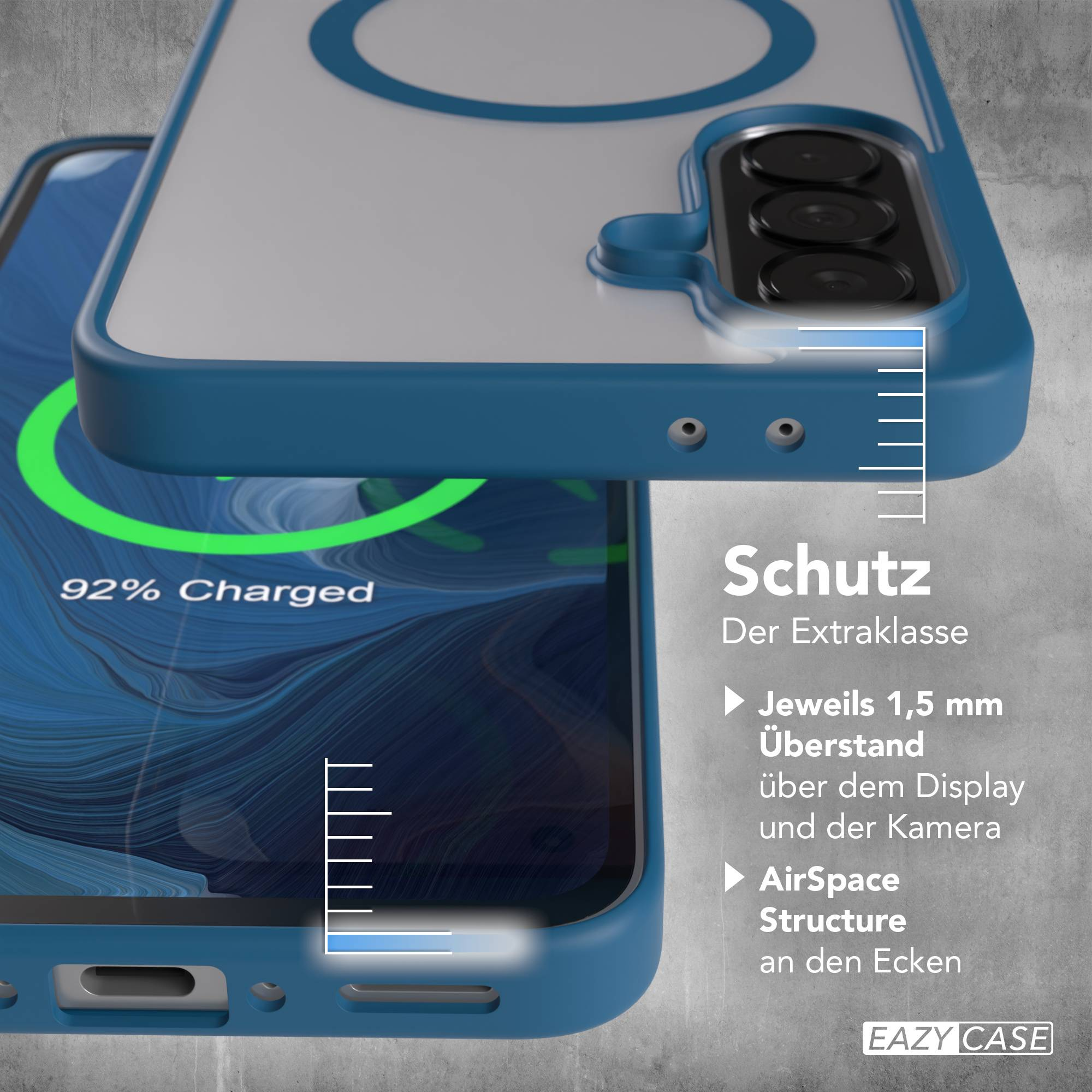 Ein blauer Handyhülle-Prototyp mit Kameraaussparung und Ladeanzeige.