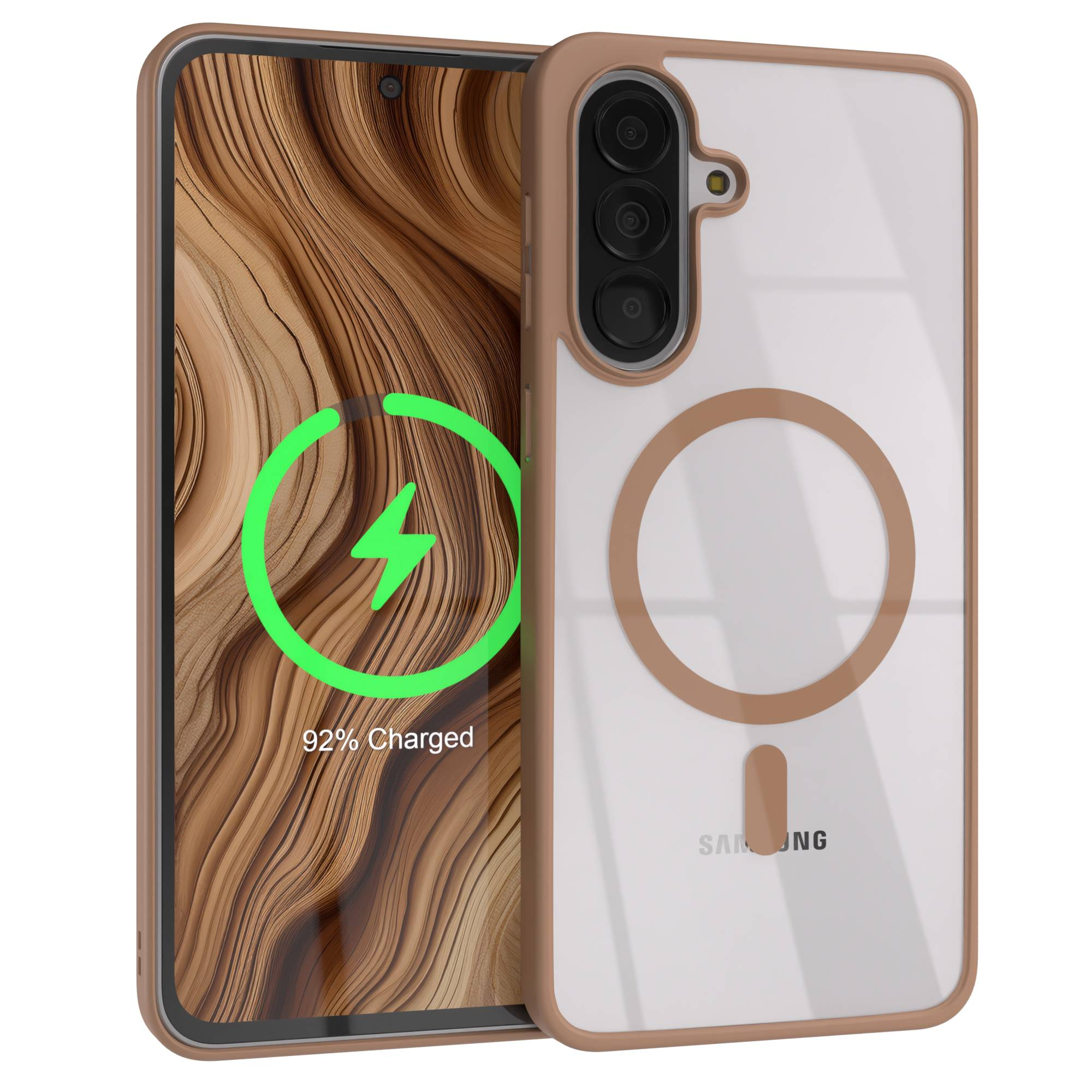 Eine beige Handyhülle mit klarer Rückseite, die ein Handy mit Ladeanzeige zeigt.