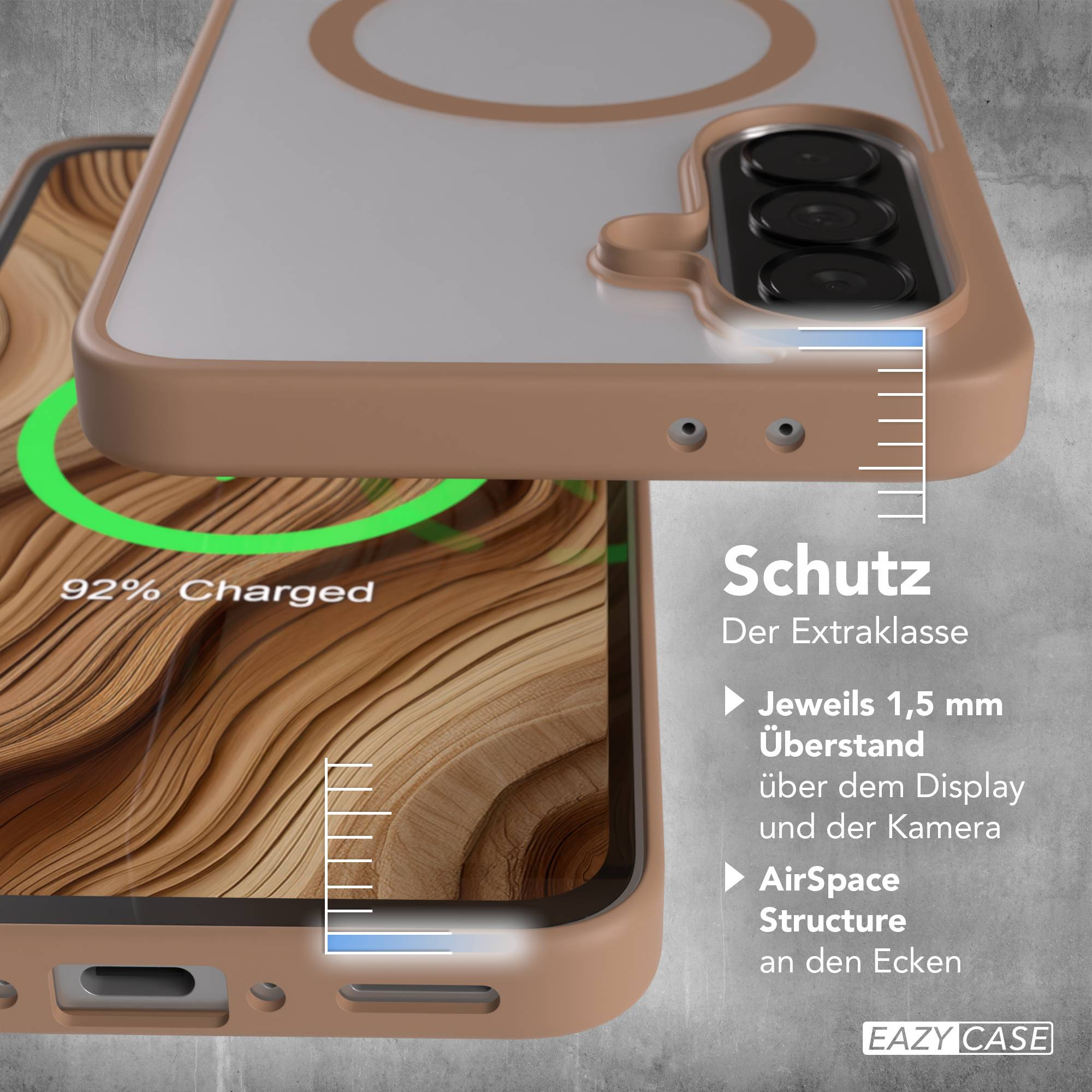 Ein Handy mit Schutzhülle, 92% geladen, mit Kamera und Eazy Case Logo.