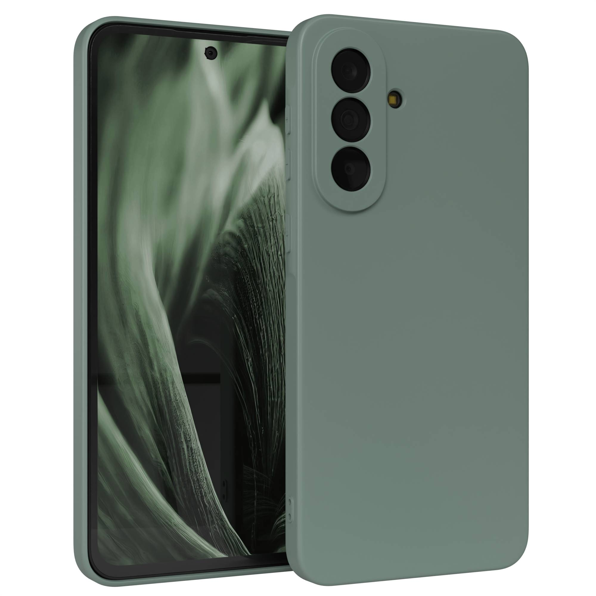 Ein grünes Smartphone mit einer dreifachen Kamera und einer Nahaufnahme des Bildschirms.