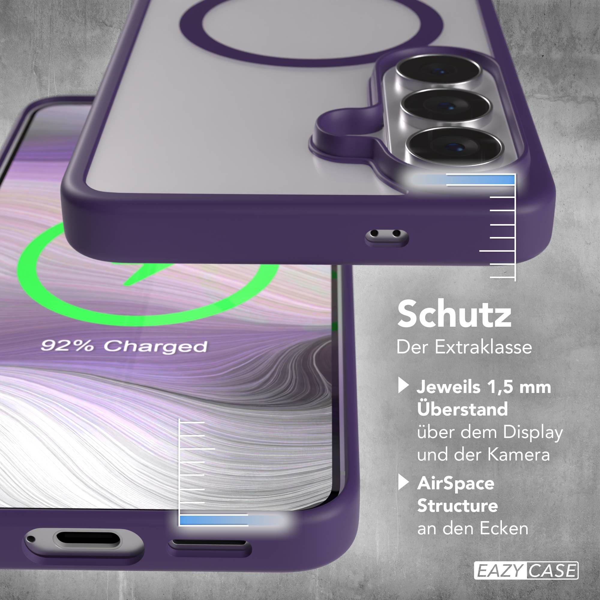 Lila Handyhülle mit Kamera und Ladeanzeige.