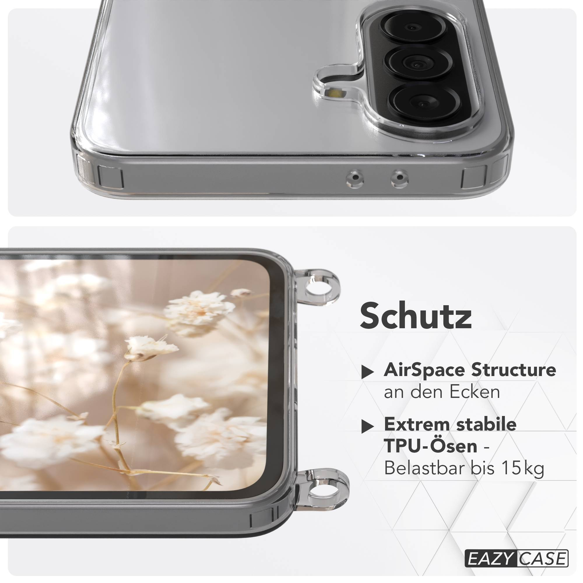 Transparente Handyhülle mit Fokus auf Kamera und Seiten, mit floralem Muster im Hintergrund.