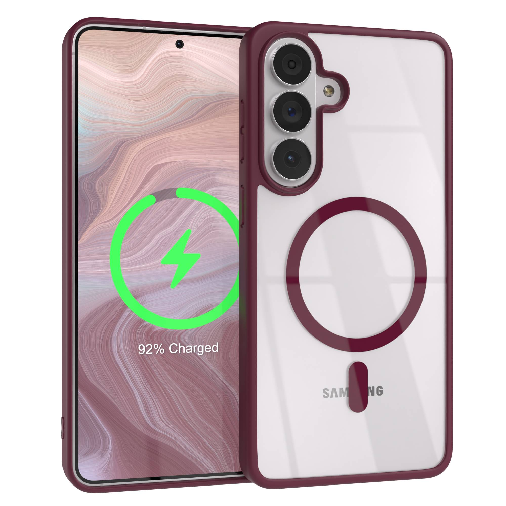 Ein schlankes, weinrotes Handy-Case mit transparentem Hintergrund und drei Kameras.