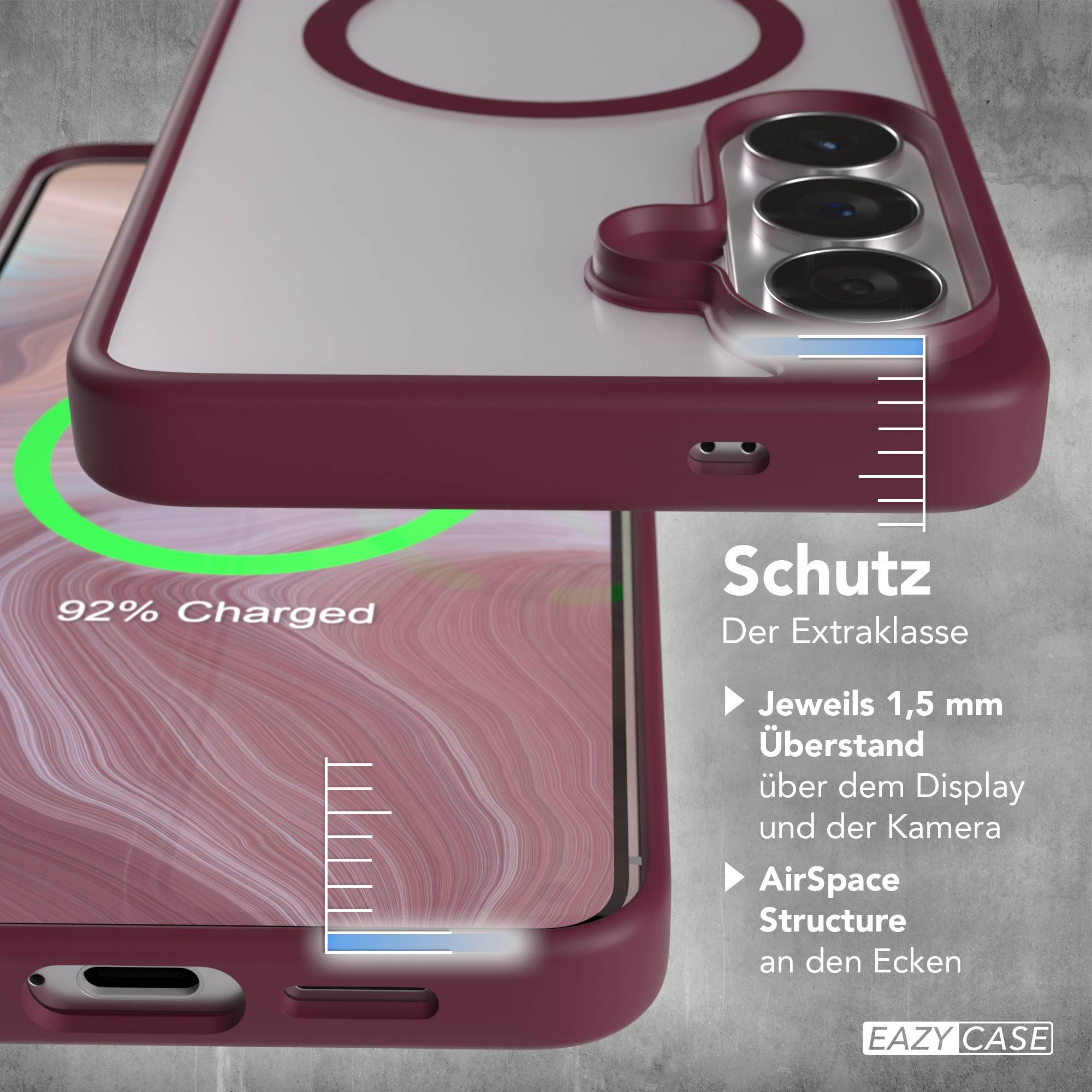 Ein dunkelrotes Handycase mit einer transparenten Rückseite, 92% geladen.