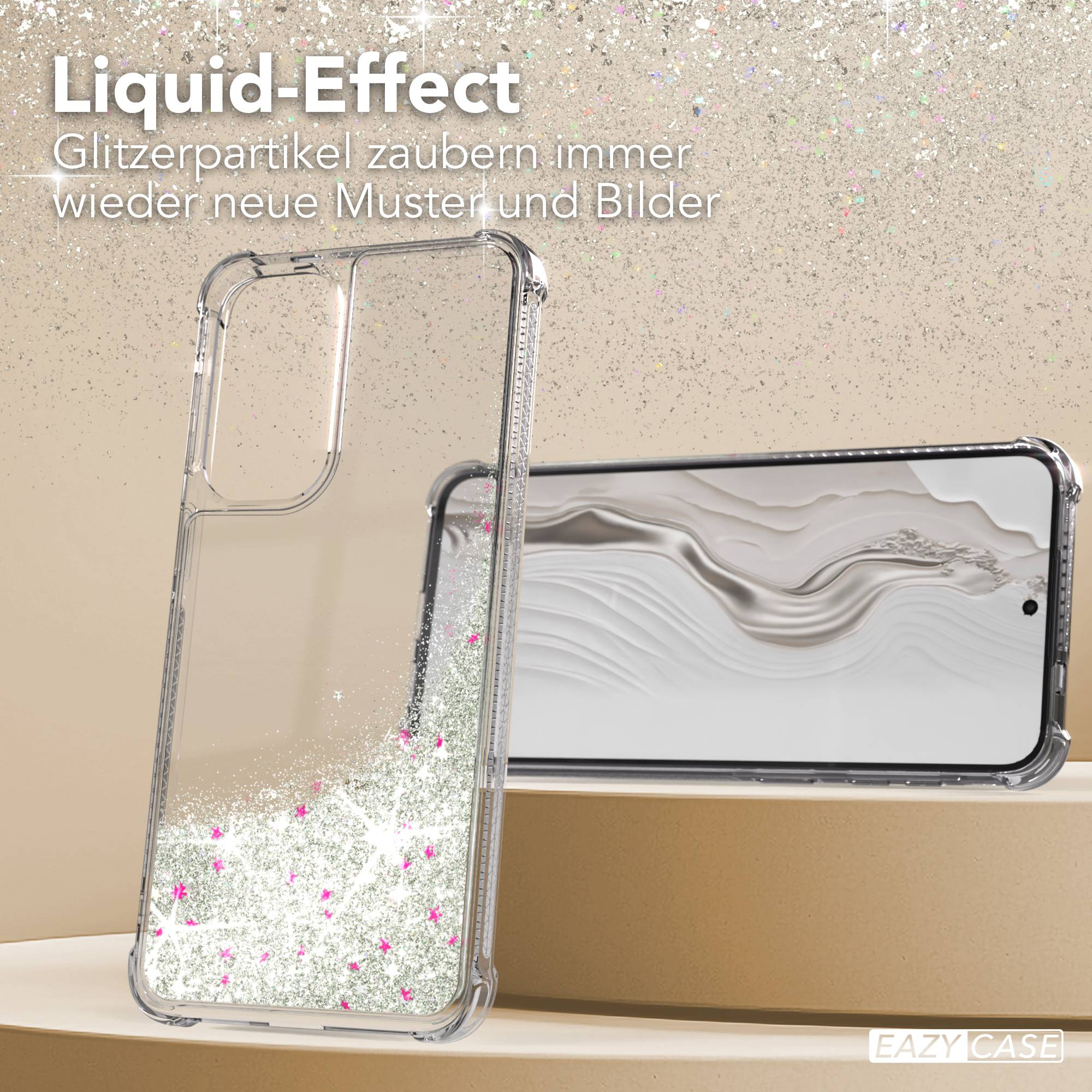 Transparente Hülle mit Glitzer und einem Handy mit Marmormuster.