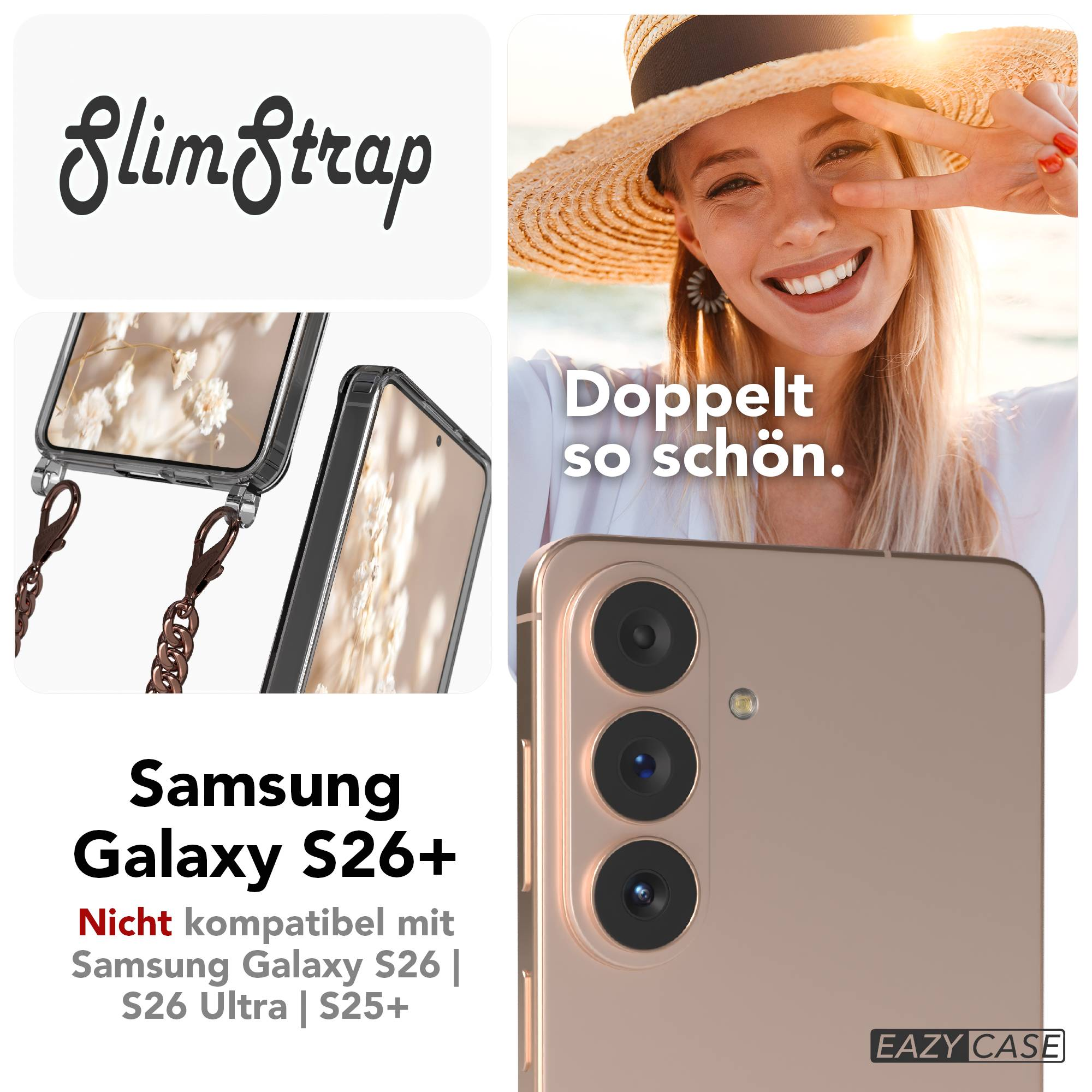 Samsung Galaxy S26+ Hülle mit Kette. Frau mit Hut, lächelnd.
