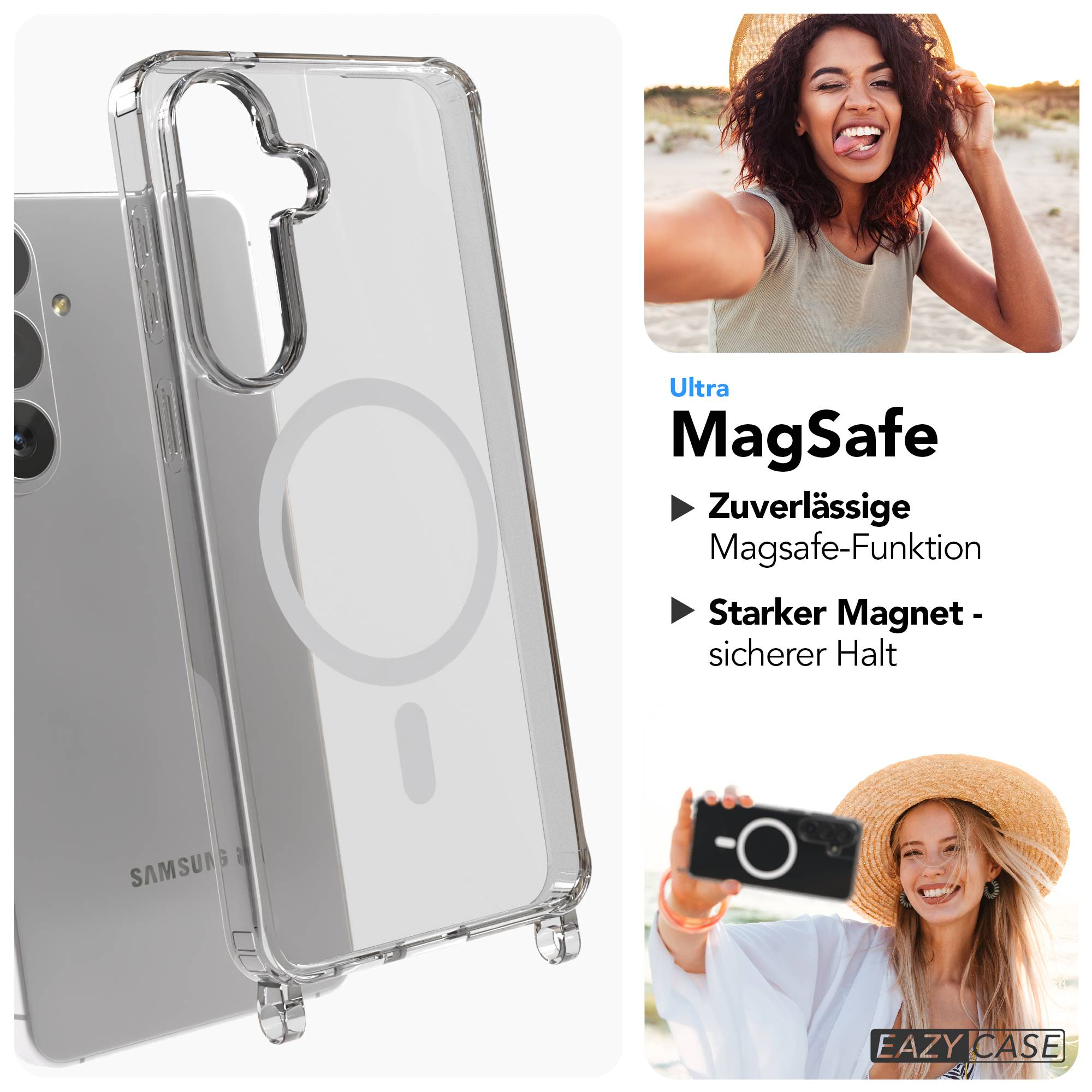 Transparente Handyhülle mit MagSafe-Funktion und Samsung-Logo.