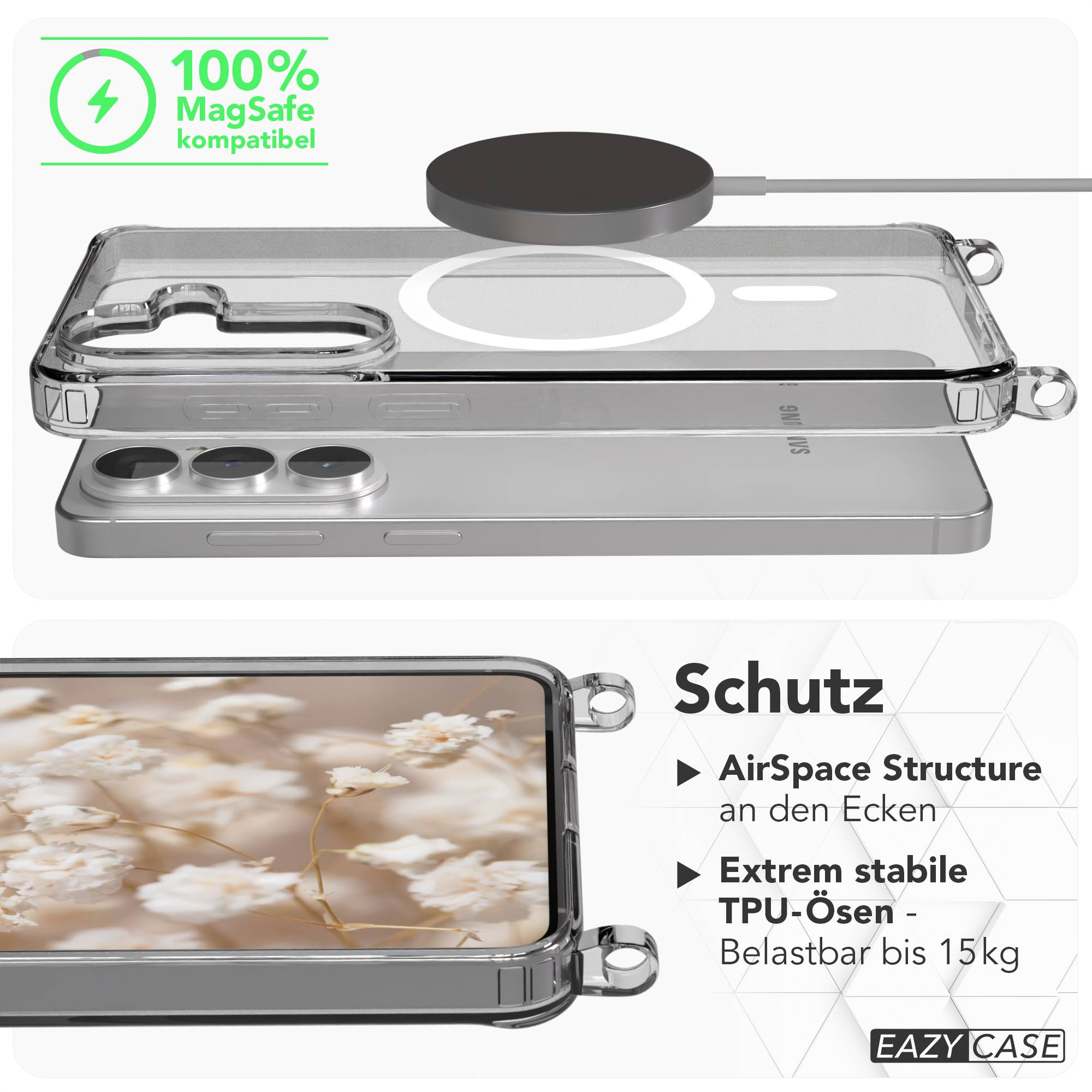 Transparente Handyhülle mit MagSafe-Kompatibilität und Blumenmuster.