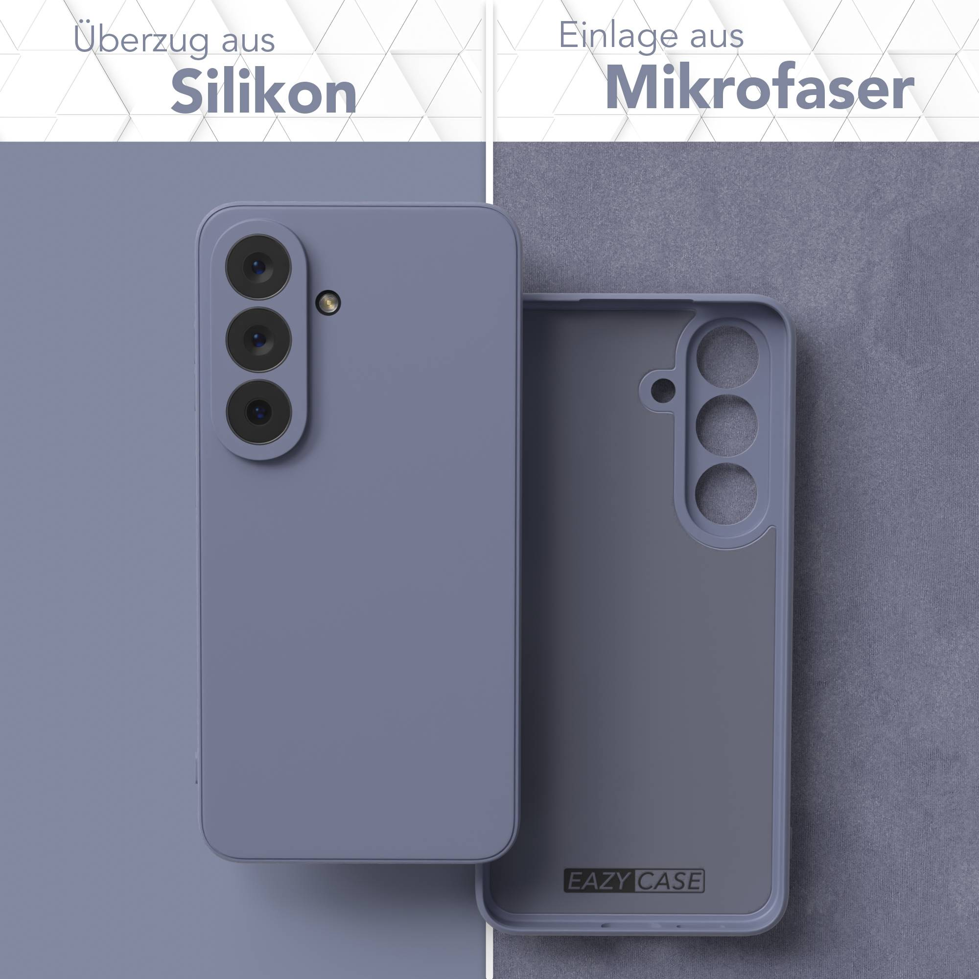 Ein lila Smartphone mit Silikonhülle links und Mikrofasereinlage rechts.