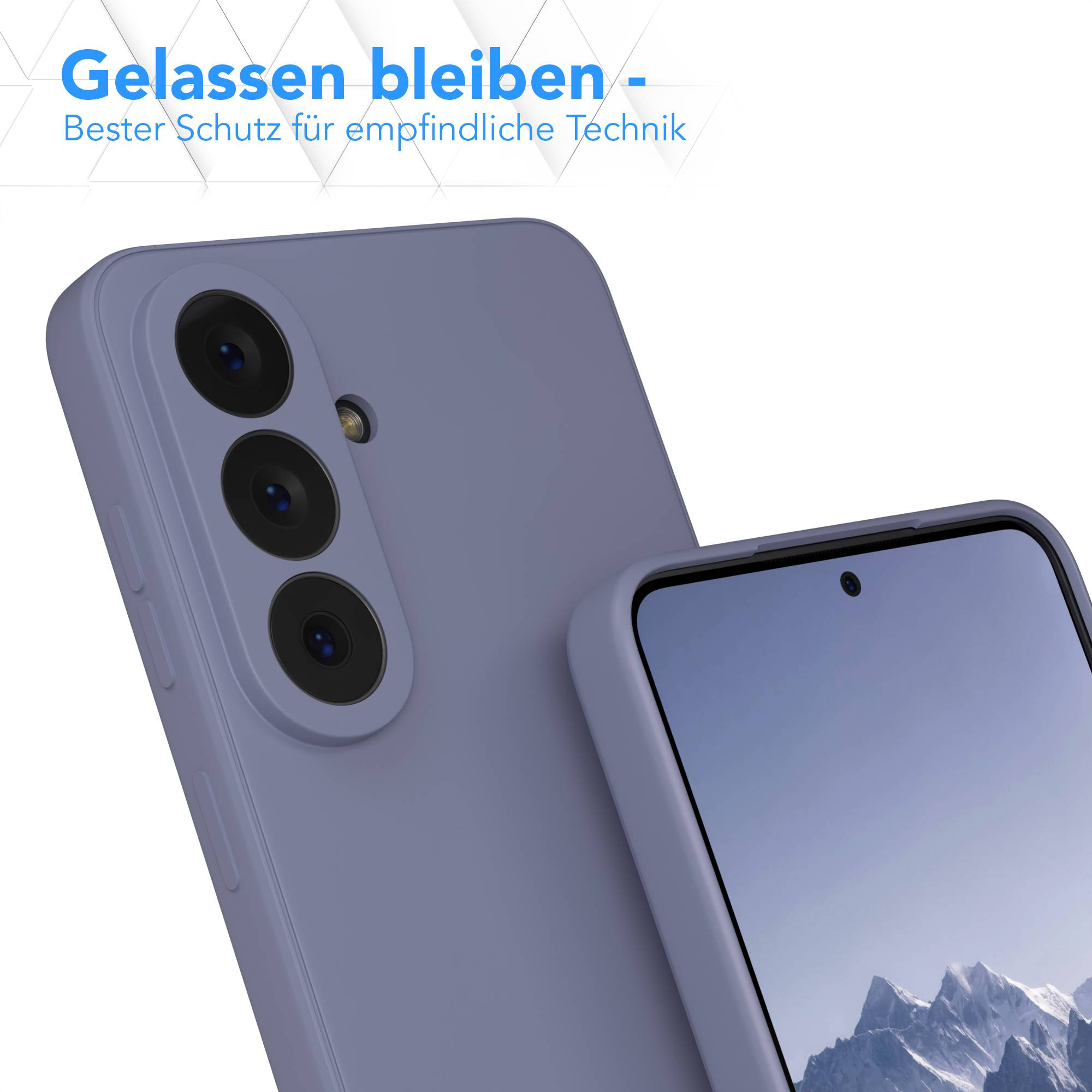 Ein lila Handy mit Kameralinsen und einem Bergpanorama auf dem Bildschirm.
