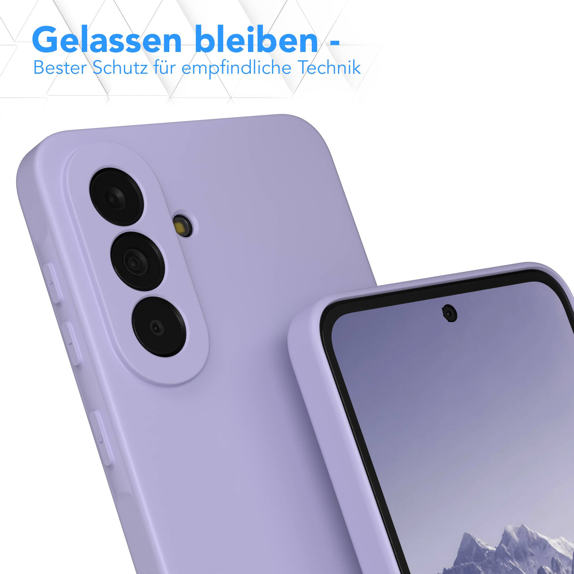 Ein lila Handy mit drei Kameras und ein Display mit Berglandschaft.