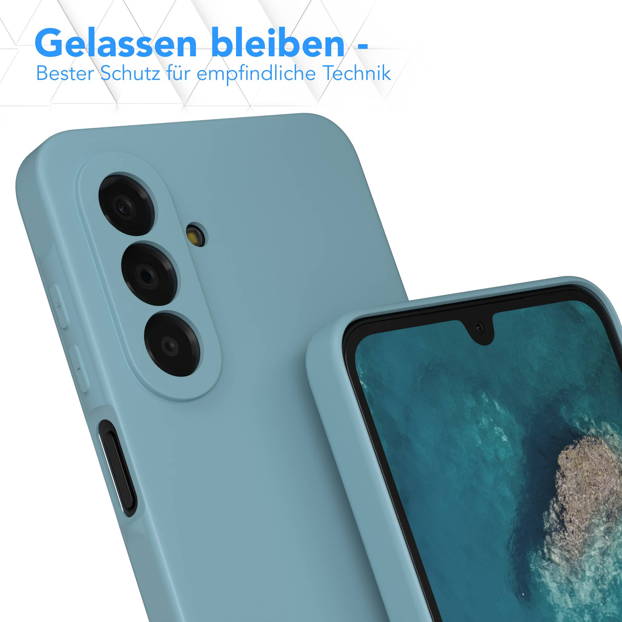 Ein hellblaues Handy mit drei Kameras und einem Teil des Bildschirms.
