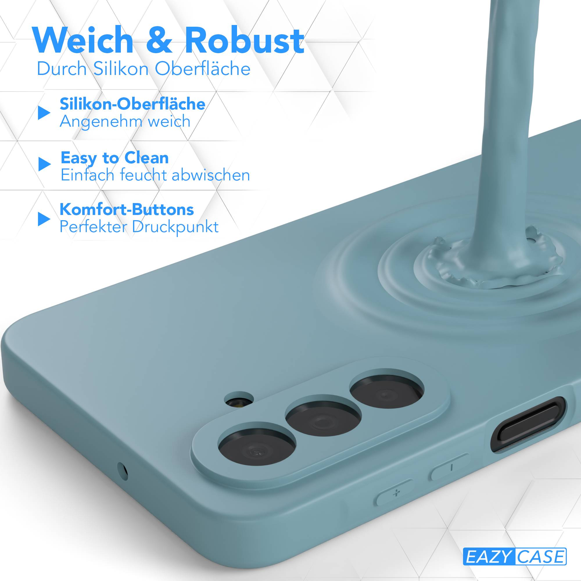 Blaue Handyhülle aus Silikon mit Kameraloch und Knöpfen. Weich & Robust.