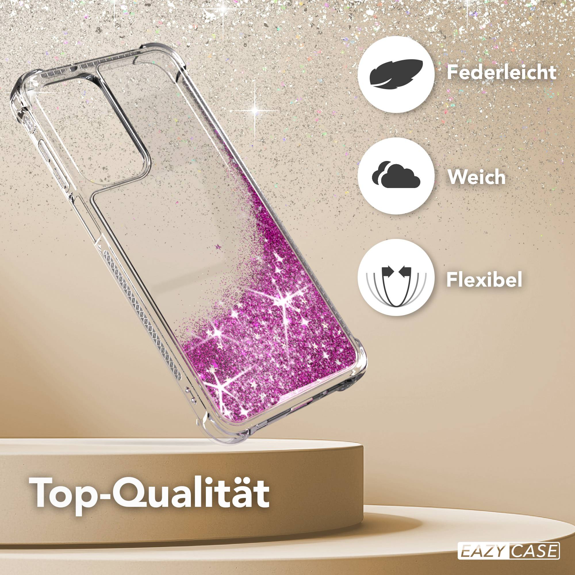 Transparente Handyhülle mit pinkem Glitzer und Text: Top-Qualität, Federleicht, Weich, Flexibel.