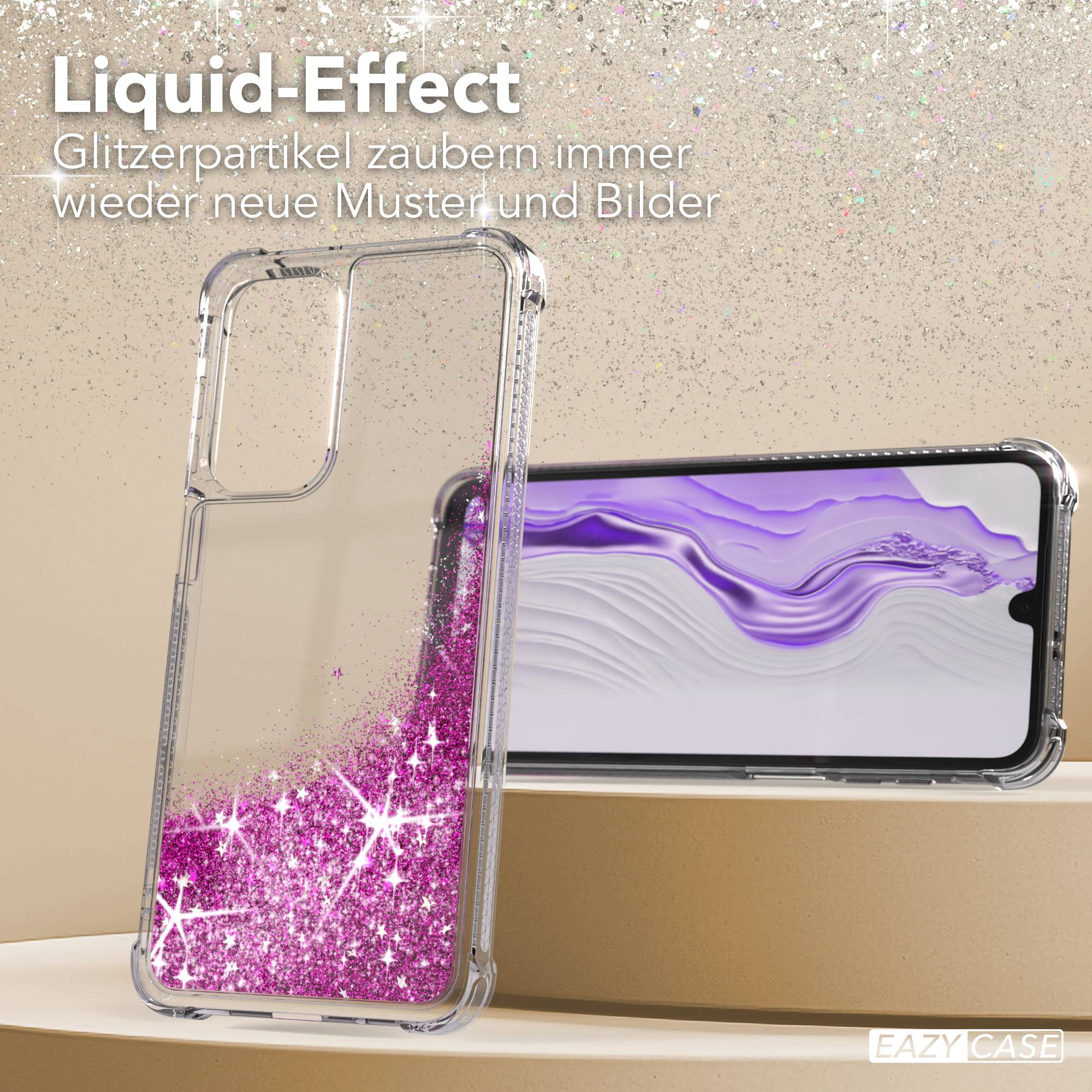 Transparente Hülle mit pinkem Glitzer und einem Handy mit lila Muster.