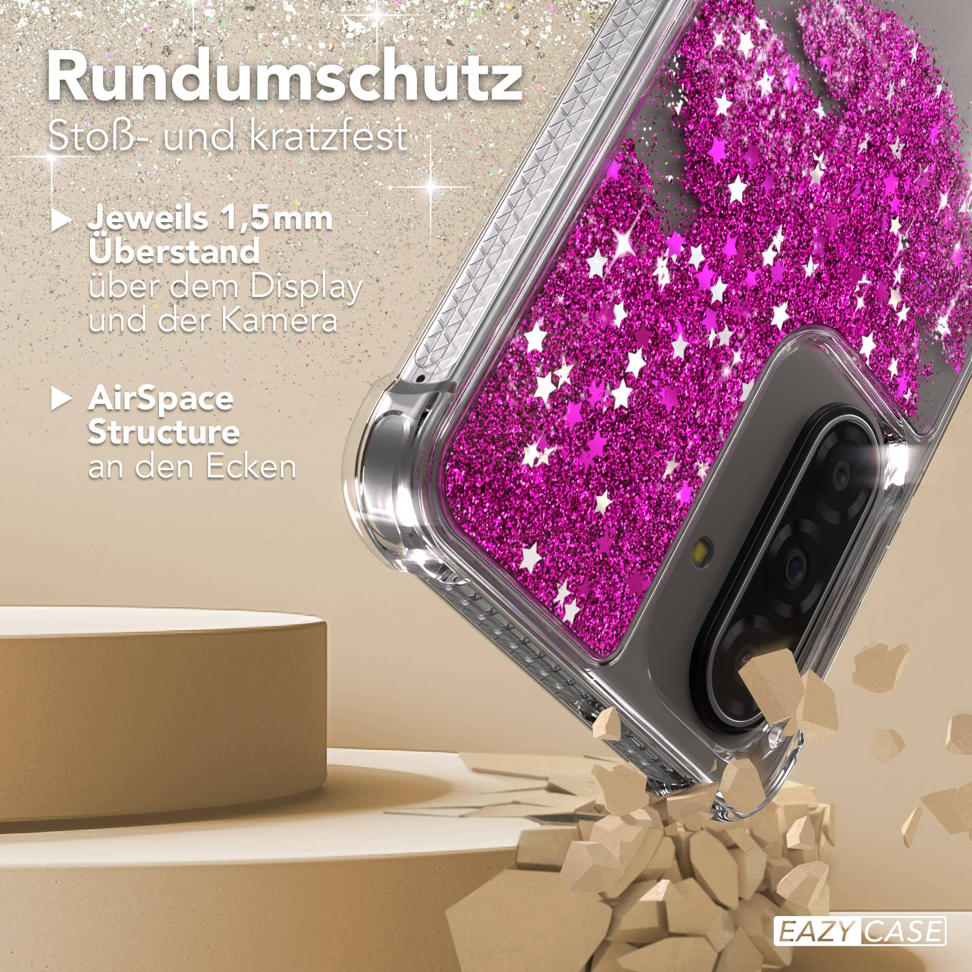 Handyhülle mit pinken Glitzersternen und Kameraansicht. "Rundumschutz"