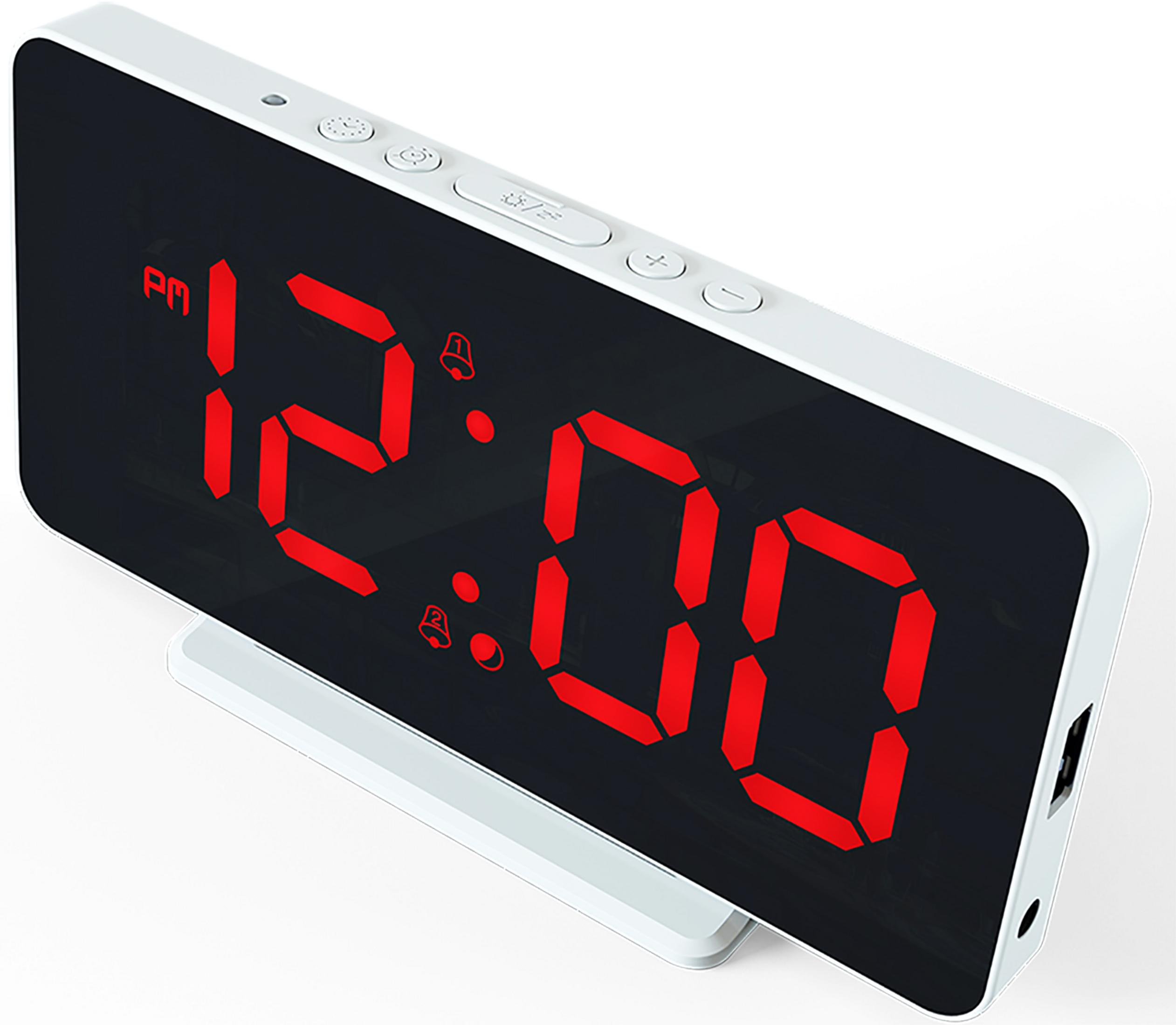A white digital clock displays 12:00 in red digits.