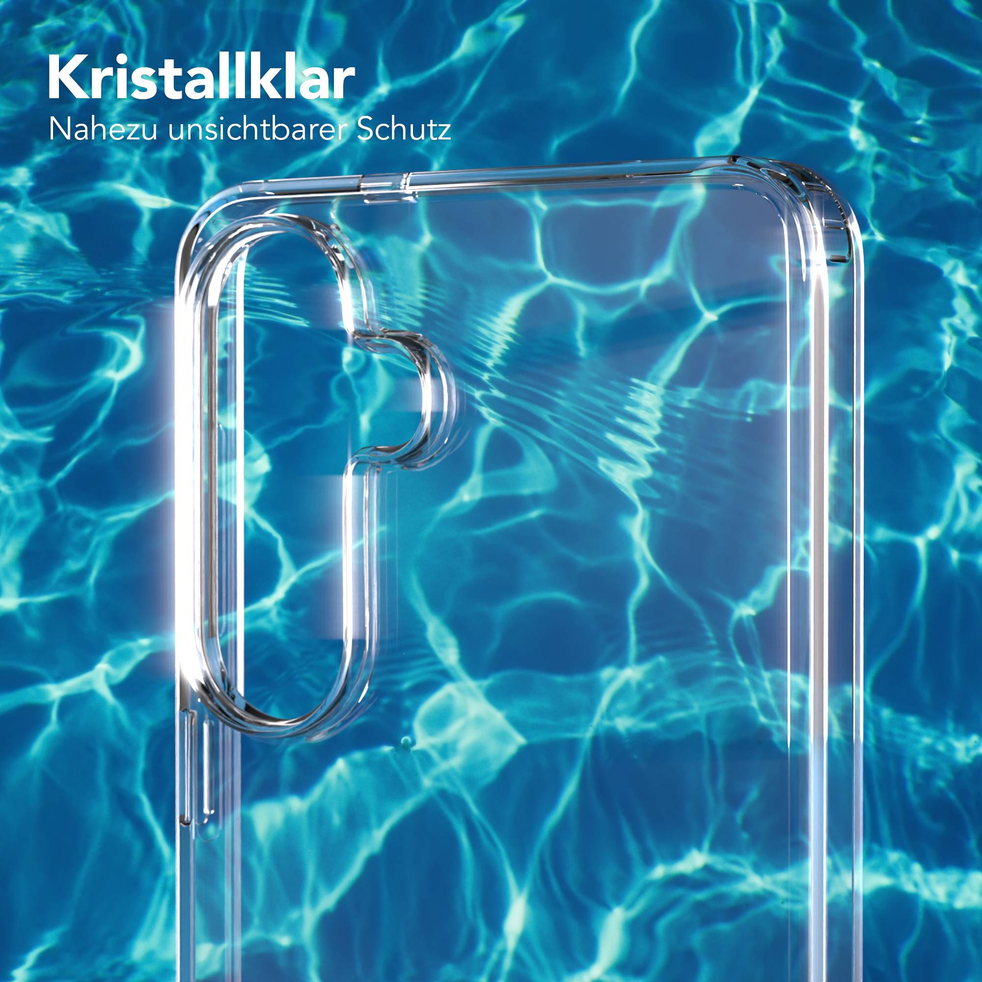 Ein durchsichtiges Handyhülle-Detail mit Wassereffekten im Hintergrund.