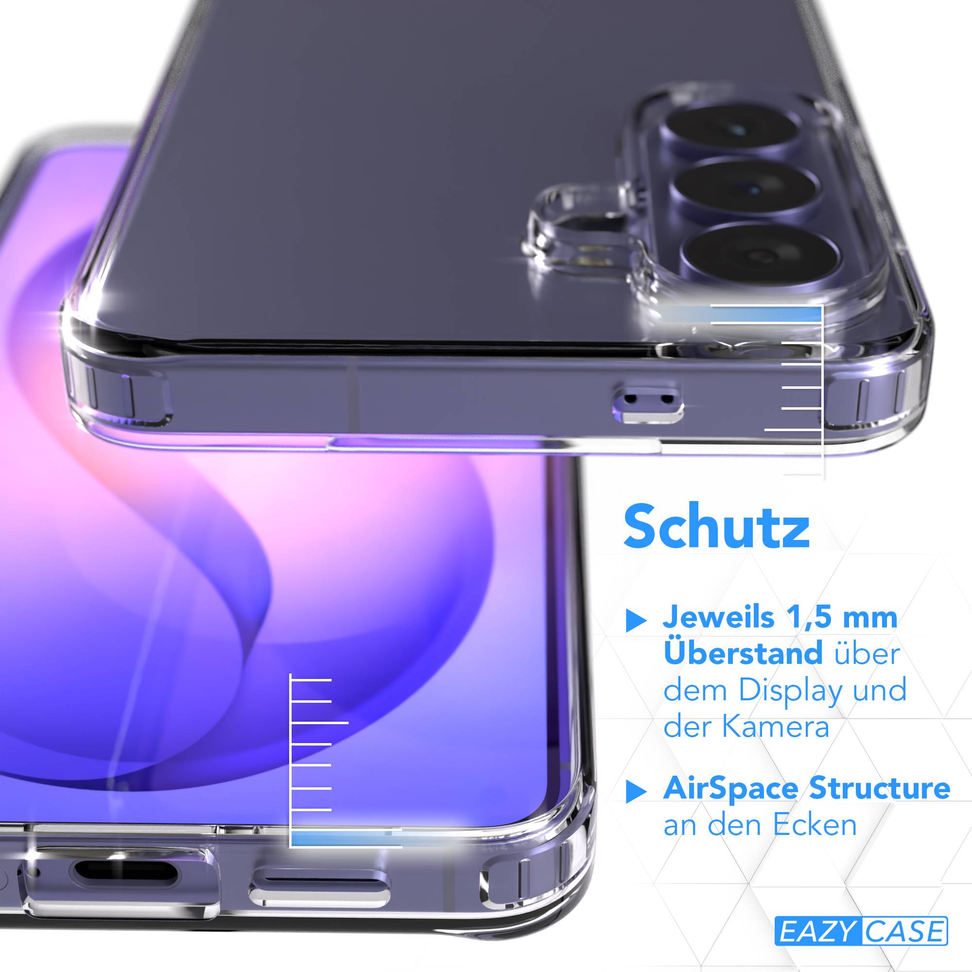 Transparente Handyhülle mit 1,5 mm Überstand über Display und Kamera.