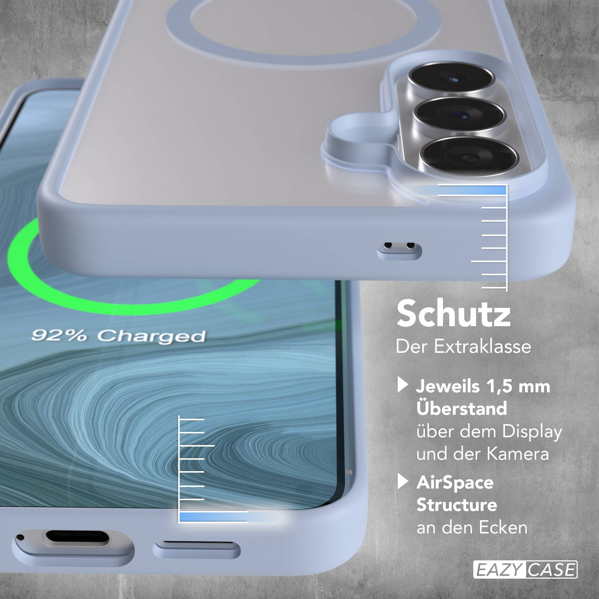 Ein hellblaues Handy-Case mit Kamerabereich und Ladeanzeige.
