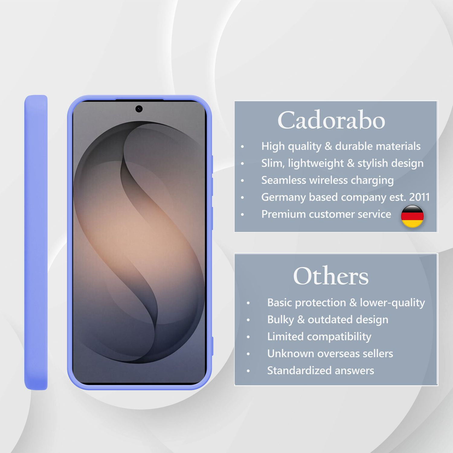 Ein lila Handyhülle liegt neben einem Smartphone mit abstraktem Hintergrund.