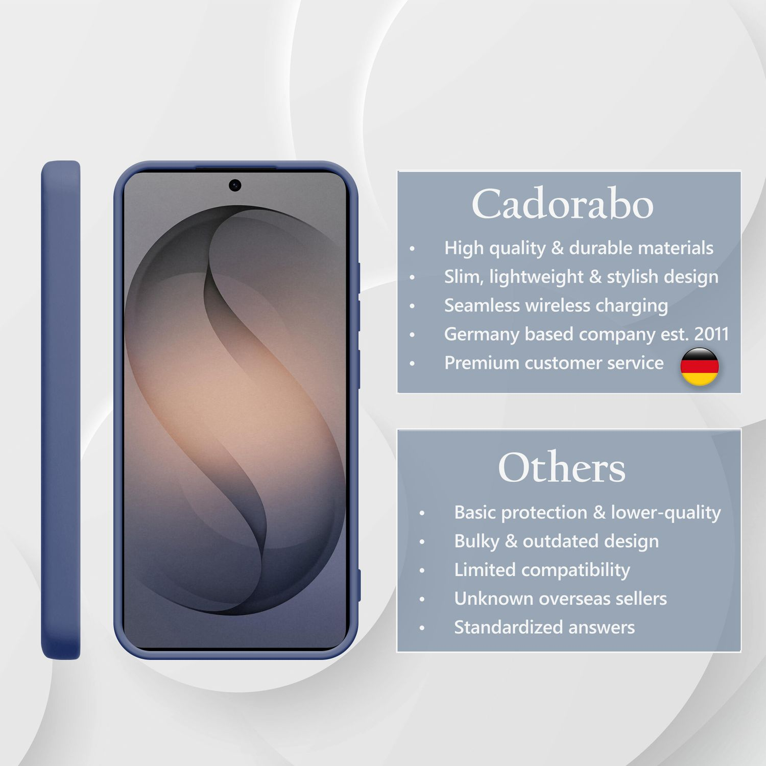 Ein dunkelblaues Handy mit Hülle von Cadorabo, das qualitativ hochwertig ist.