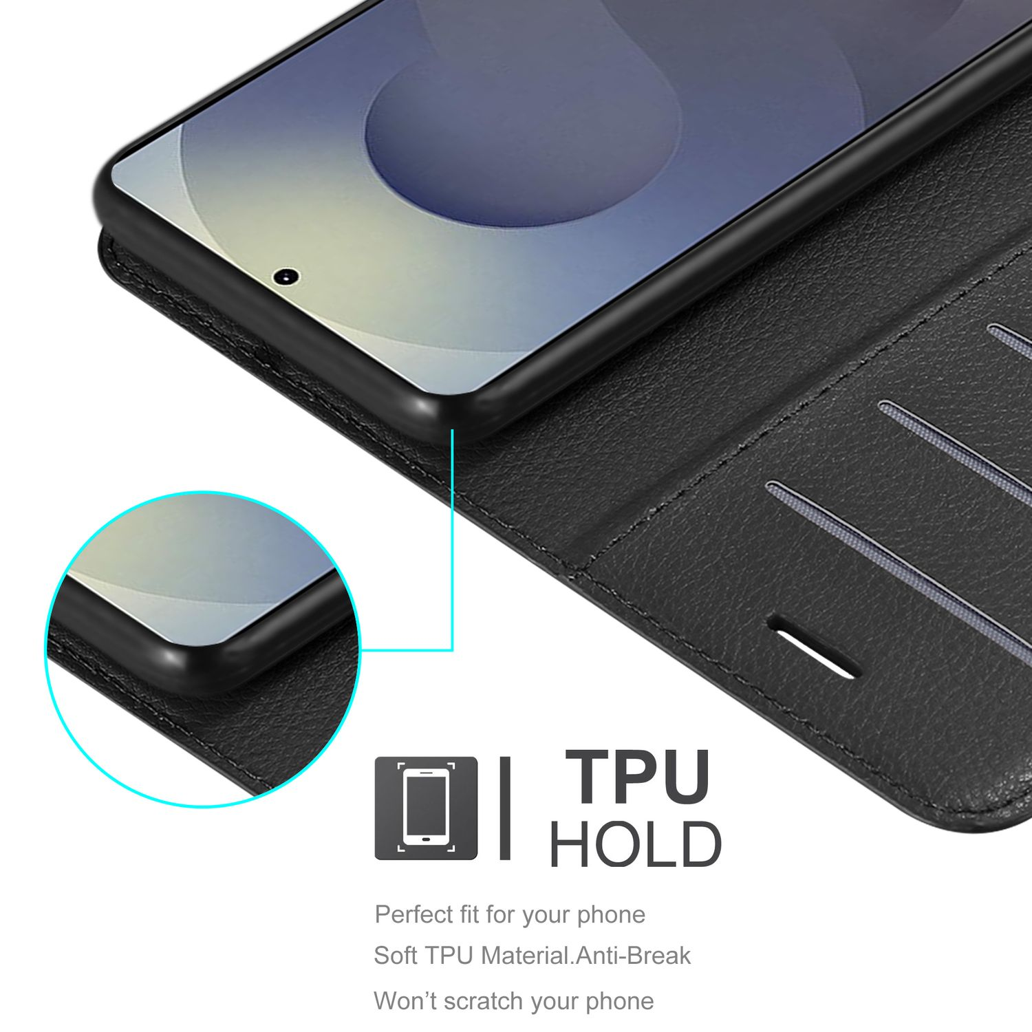Schwarze Leder Handyhülle hält ein Smartphone mit Nahaufnahme.