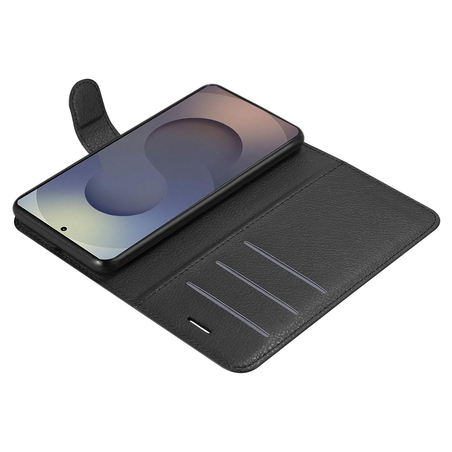 Schwarzes Leder-Flip-Case für ein Smartphone mit Kartenfächern.