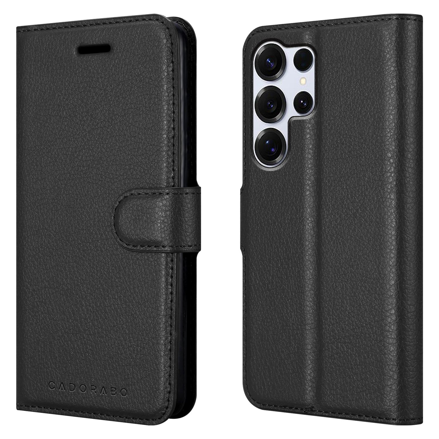 Schwarzes Leder-Flipcase für ein Smartphone, offen liegend mit Kamerainsel.