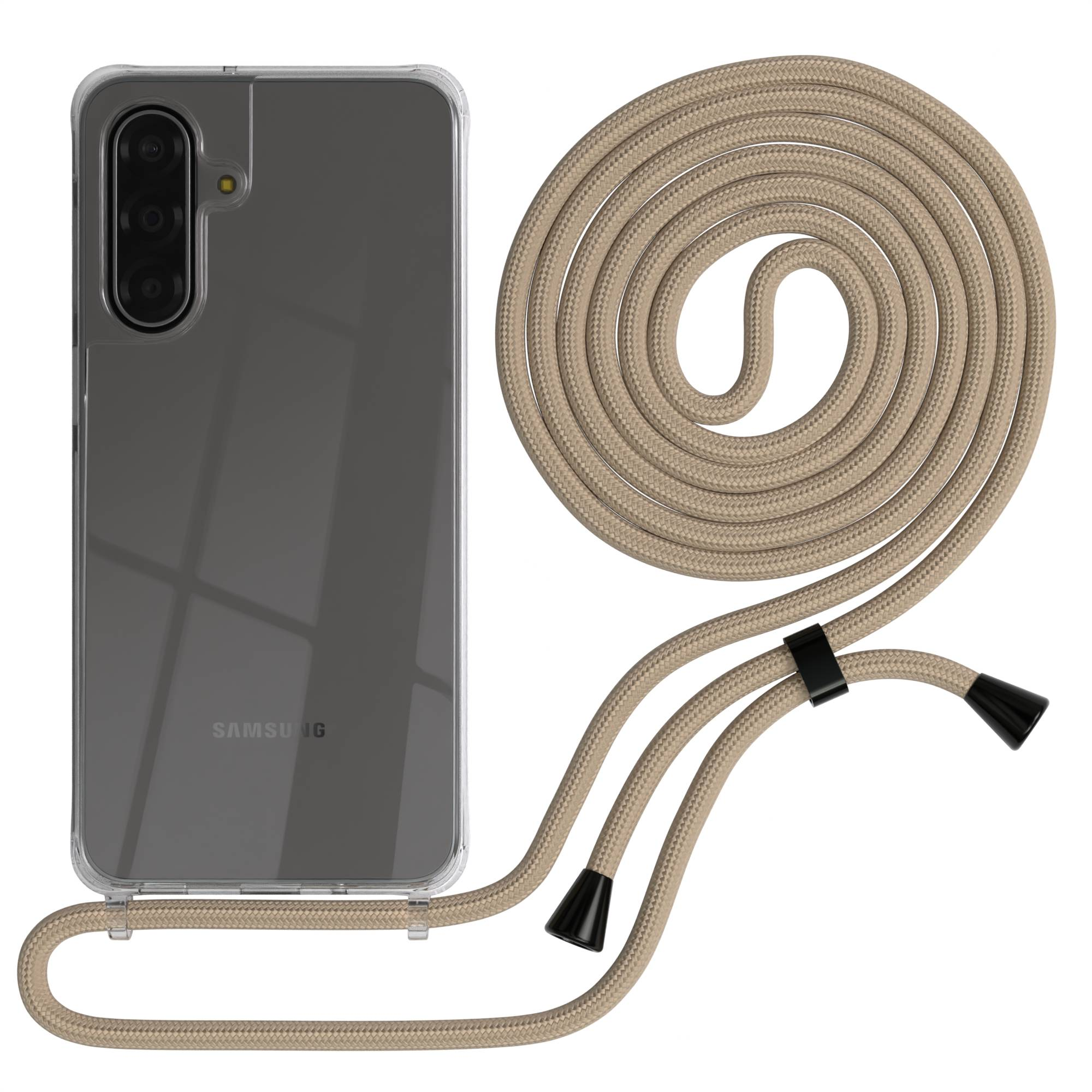 Transparente Handyhülle mit einem beige geflochtenen Band und schwarzen Endkappen.