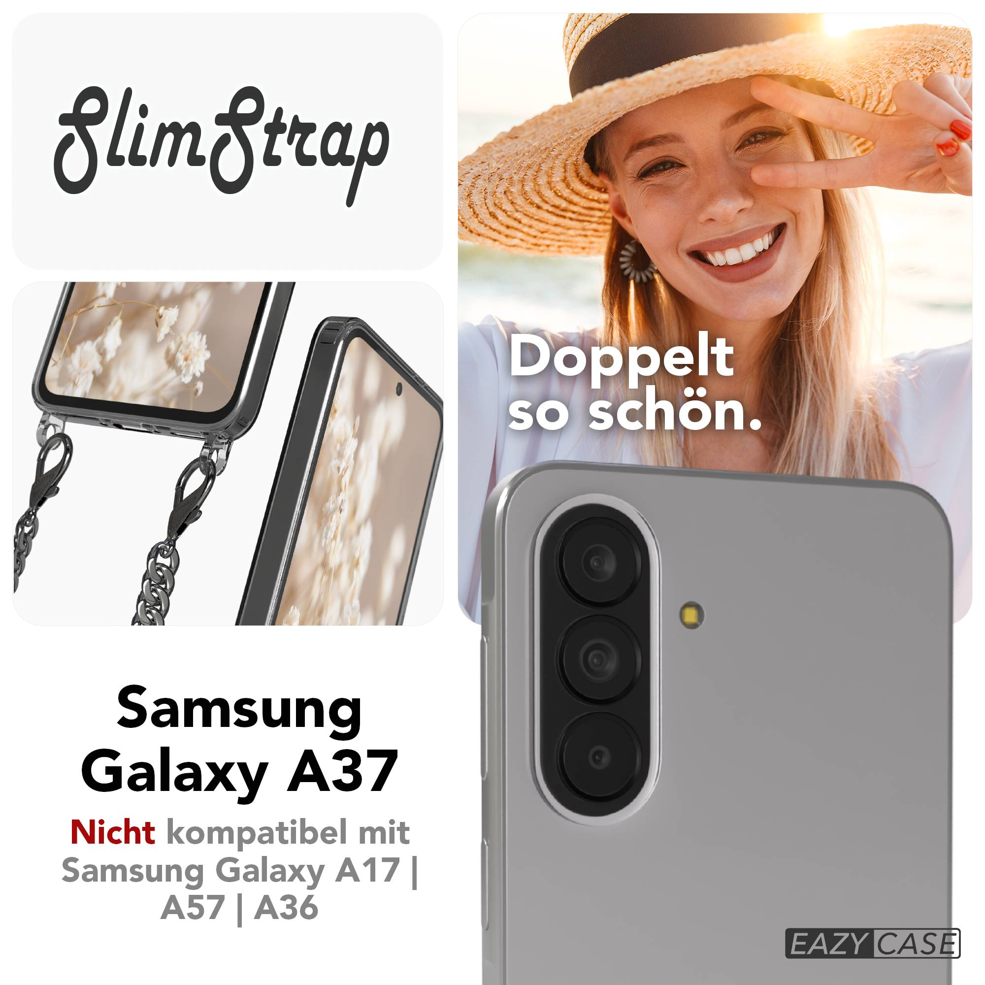 Samsung Galaxy A37 Hülle mit Kette. Frau im Strohhut.