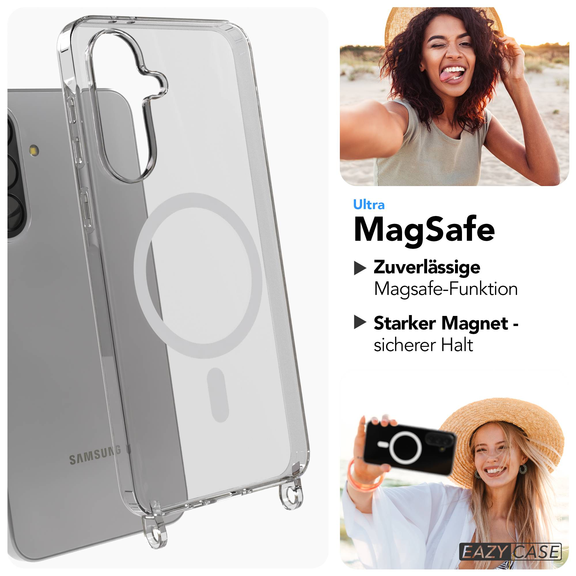 Transparente Handyhülle mit MagSafe-Ring und Samsung-Logo. Zwei Frauen mit Strohhüten am Strand.