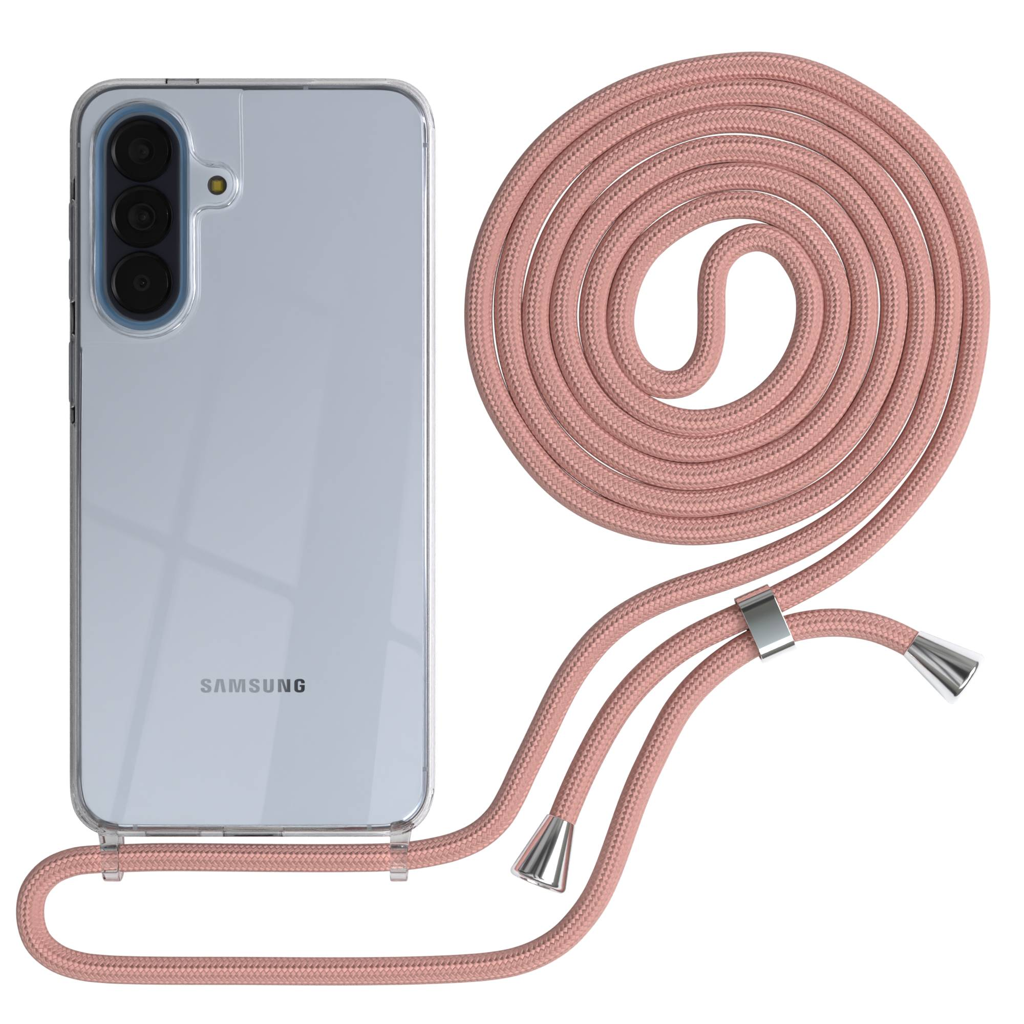 Ein durchsichtiges Handy-Case mit einem rosafarbenen Band.