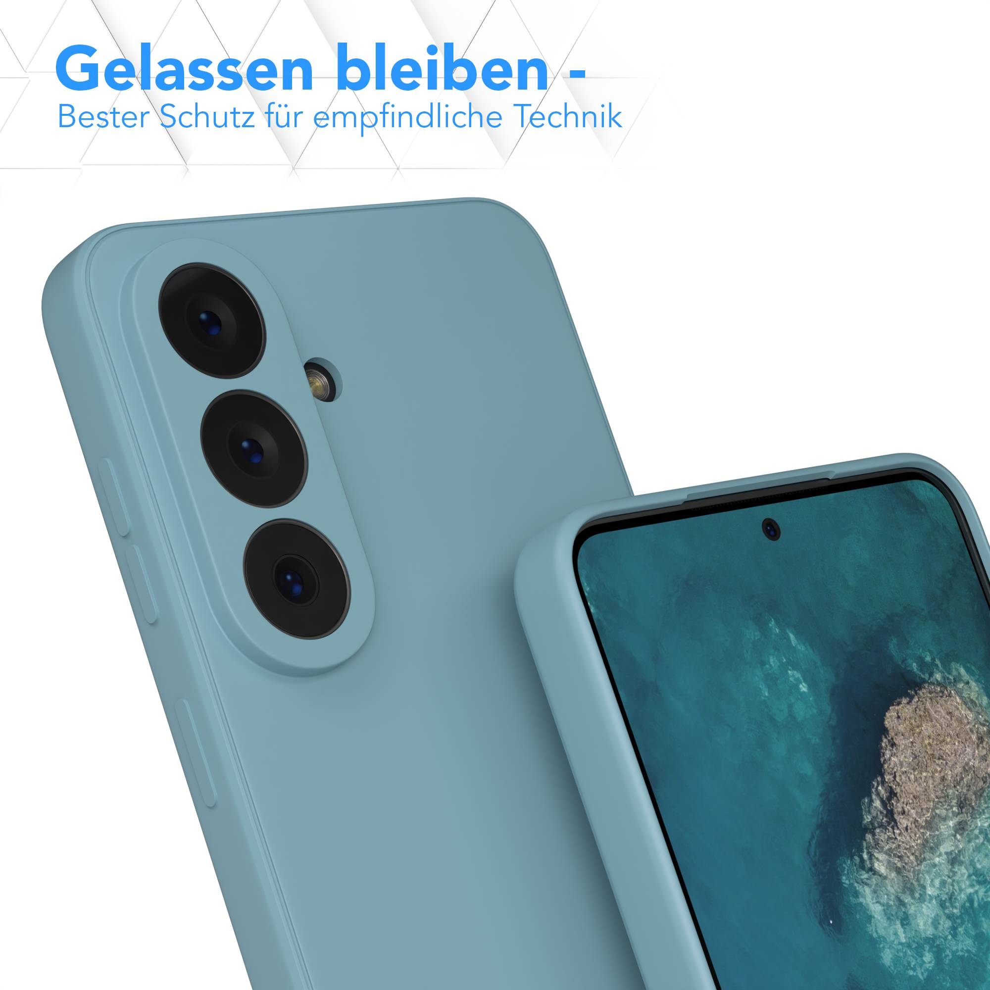 Ein blauer Handy-Schutz mit drei Kameras und einem Bildschirm.