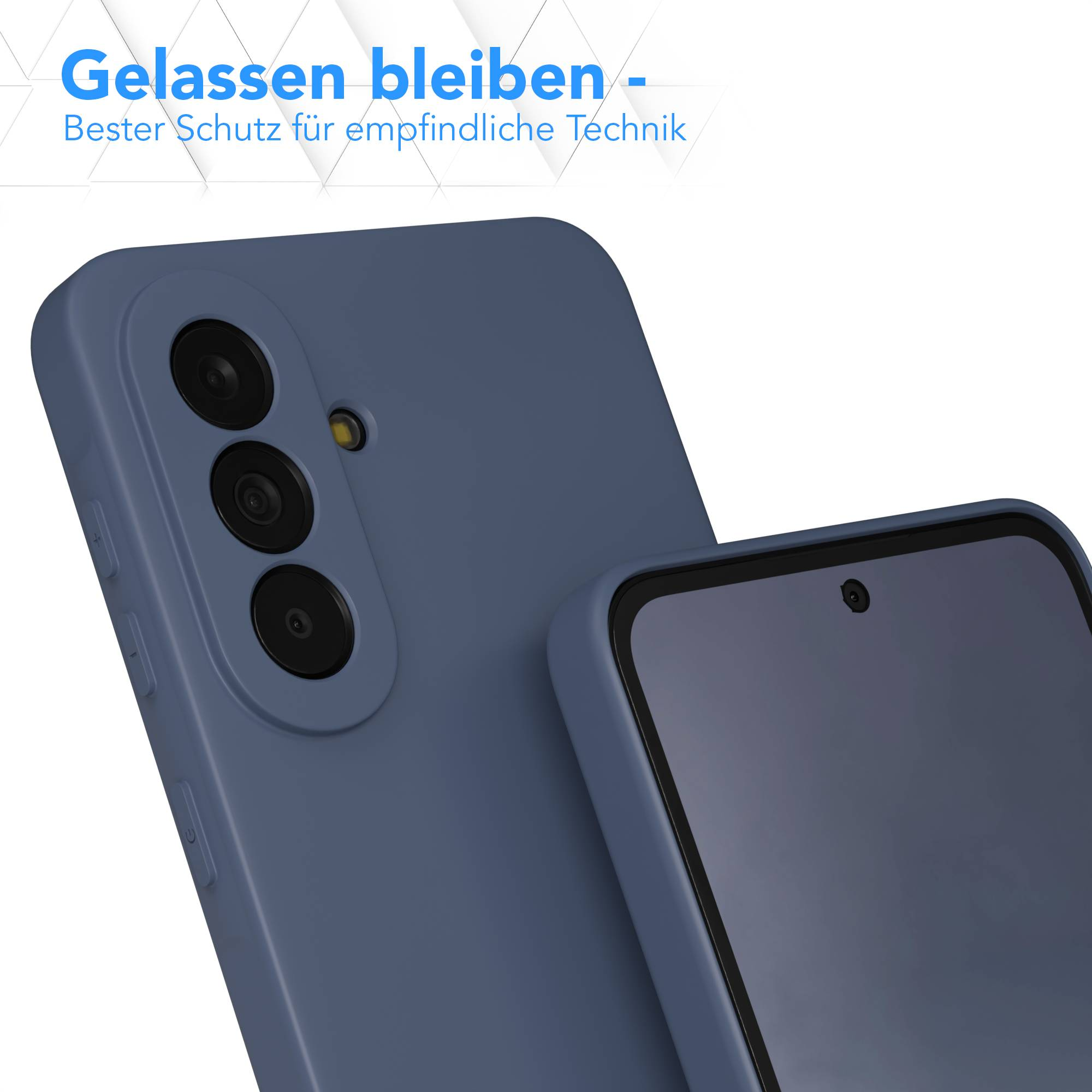 Blaue Handyhülle mit Kameramodul und Bildschirm.