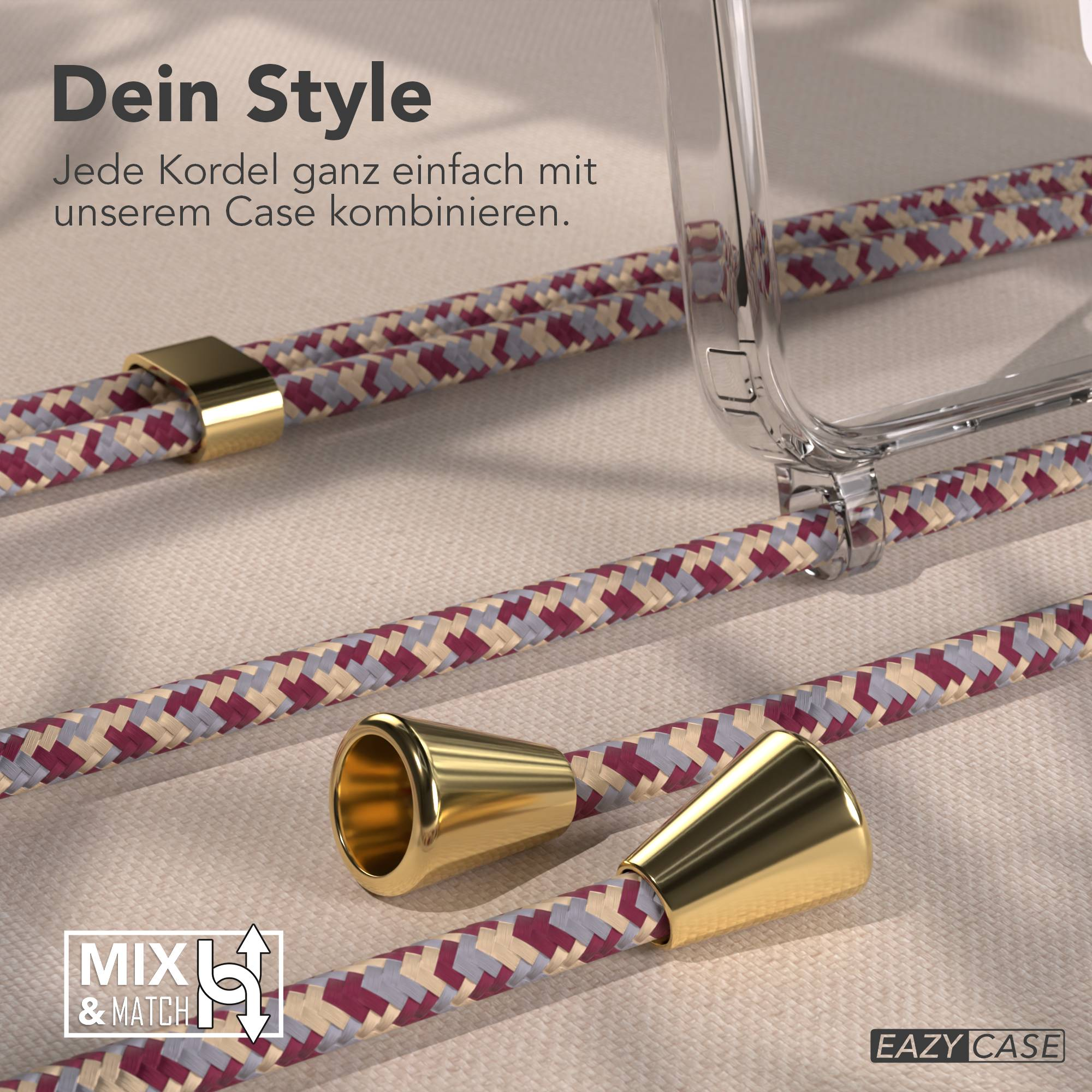 Ein gemustertes Band mit goldenen Endkappen und einem transparenten Case.