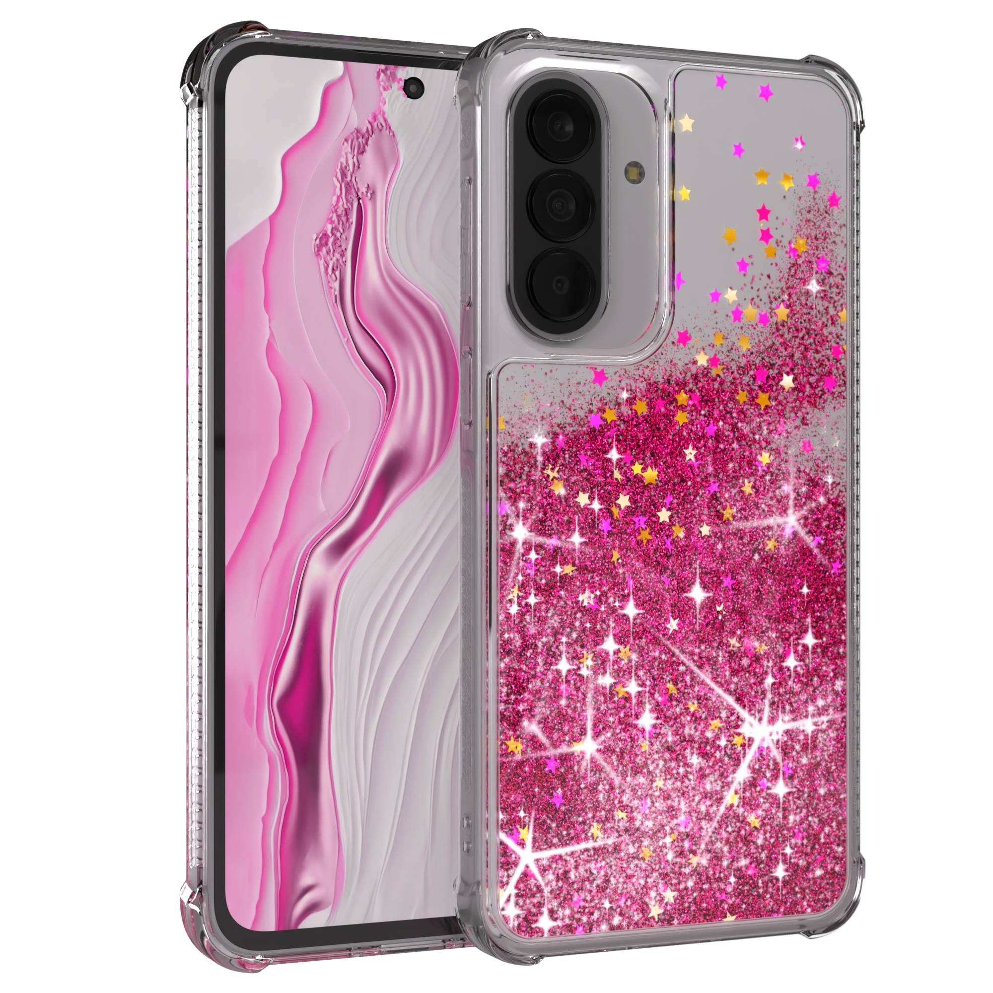 Ein transparenter Handyhülle mit pinken Glitzersternen. Das Handy hat eine pinke Hintergrundgrafik.